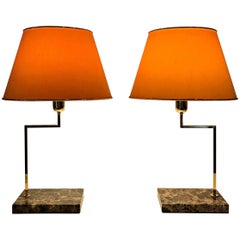 Elegant Midcentury Marble and Brass Table Lamps with Orange Shades, Italy, 1970s