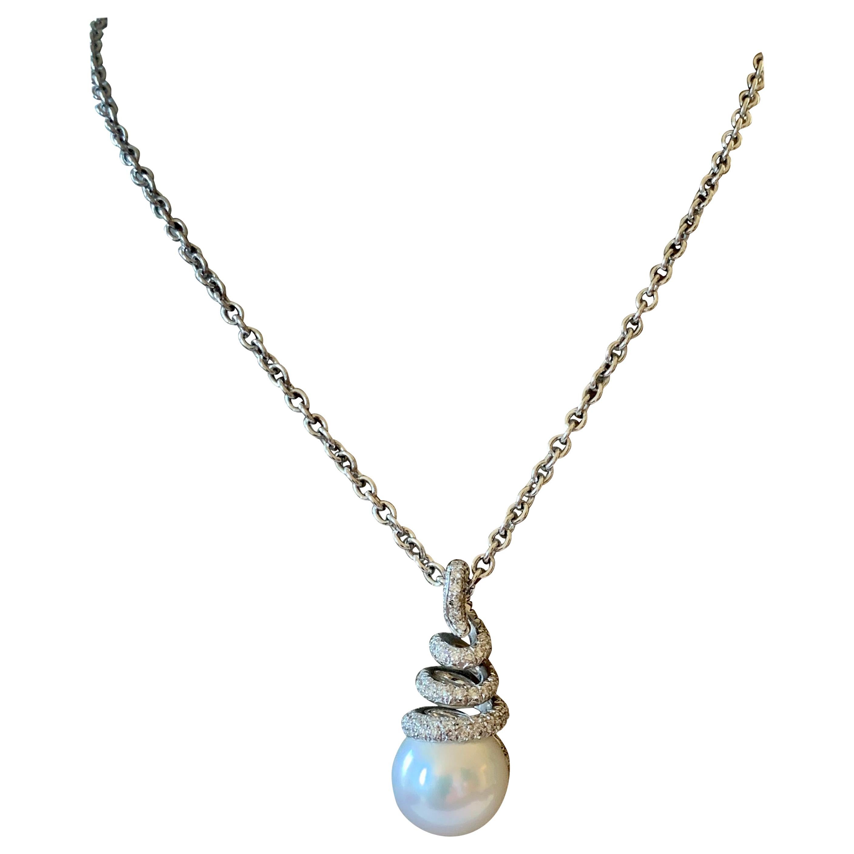 Elegant Mikimoto 18 Karat Gold Diamond and South Sea Pearl Pendant with Chain