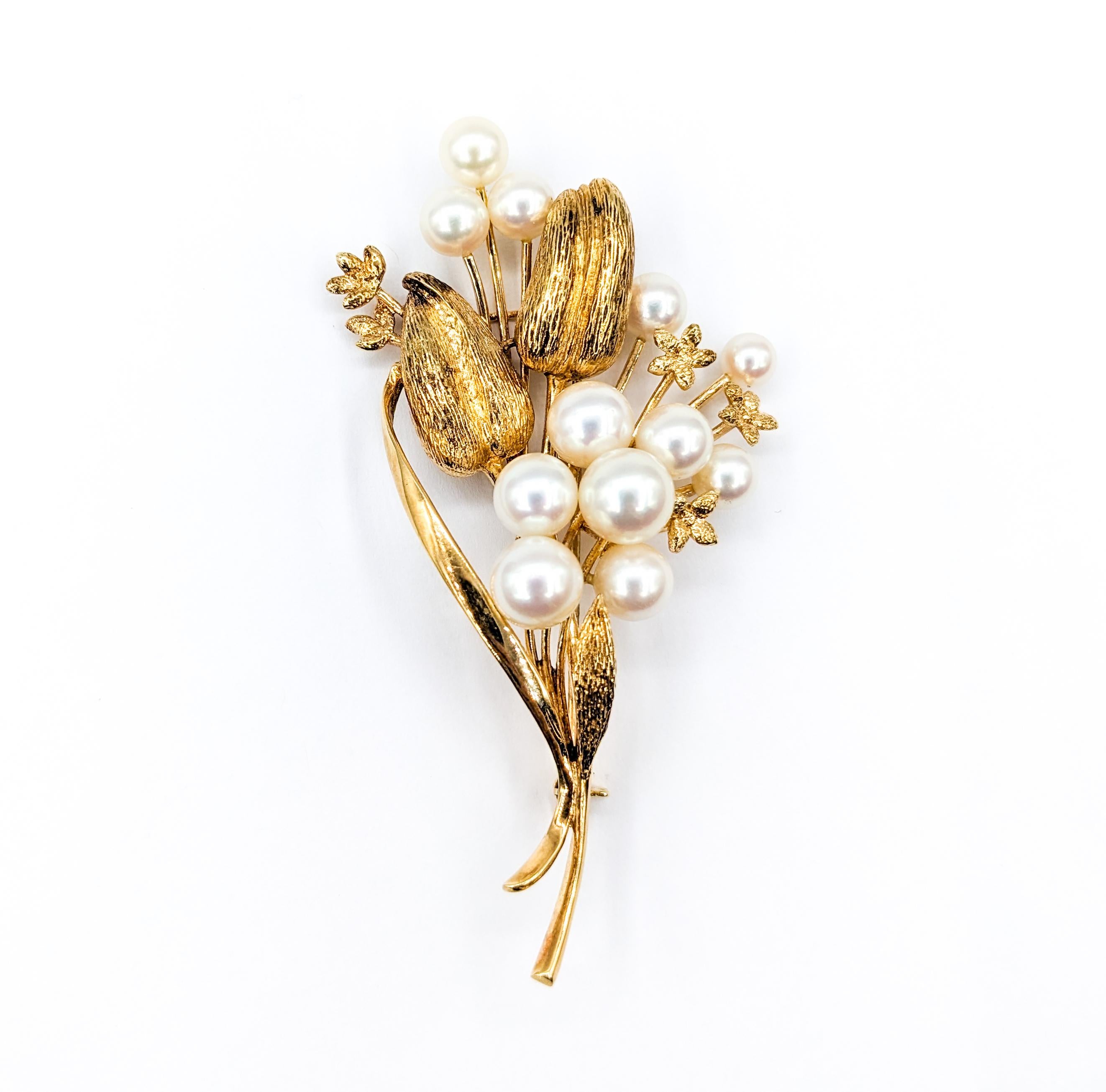 Contemporary Elegant Mikimoto Brooch Adorned with Akoya Pearls For Sale