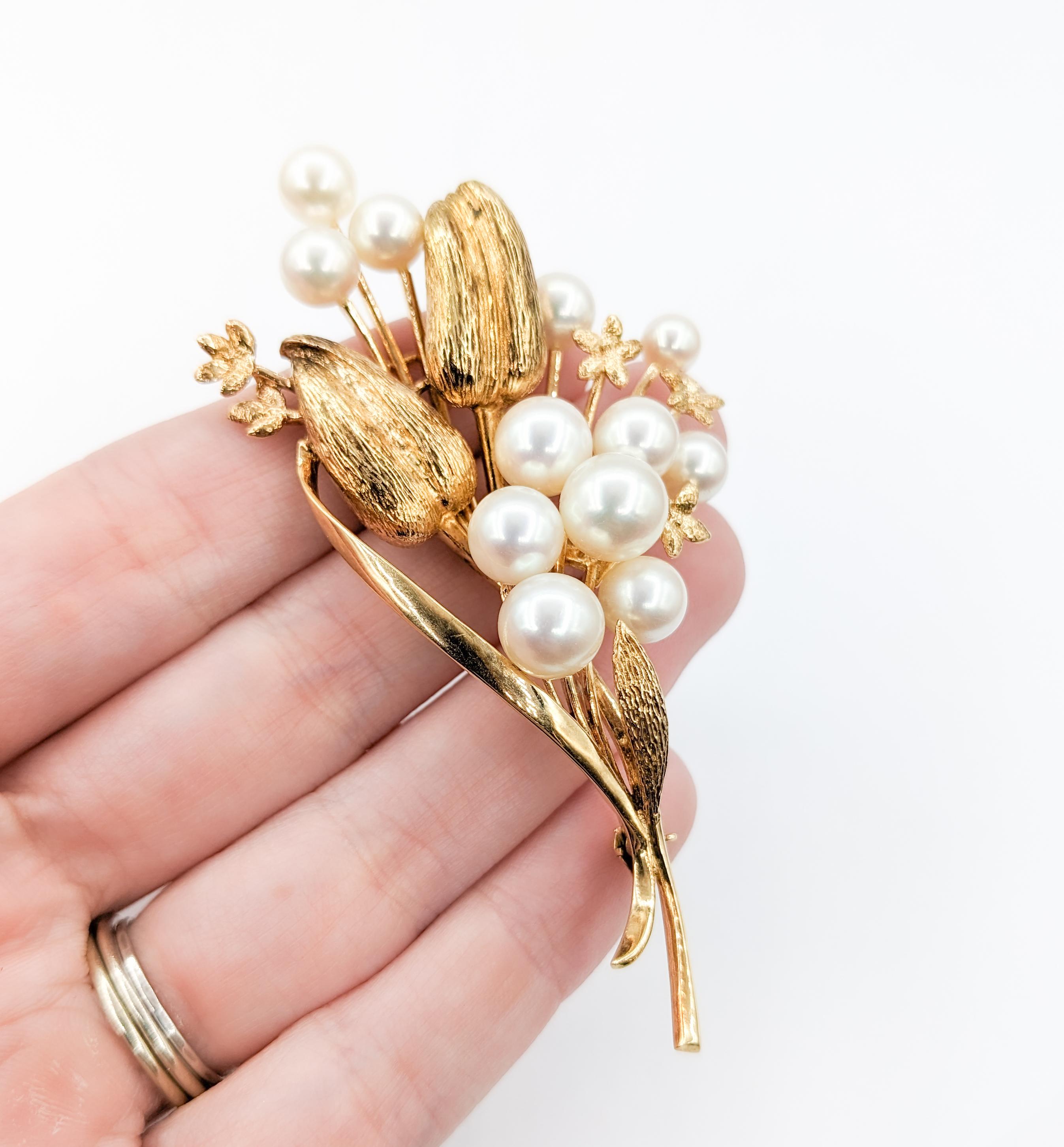 Elegant Mikimoto Brooch Adorned with Akoya Pearls In Excellent Condition For Sale In Bloomington, MN