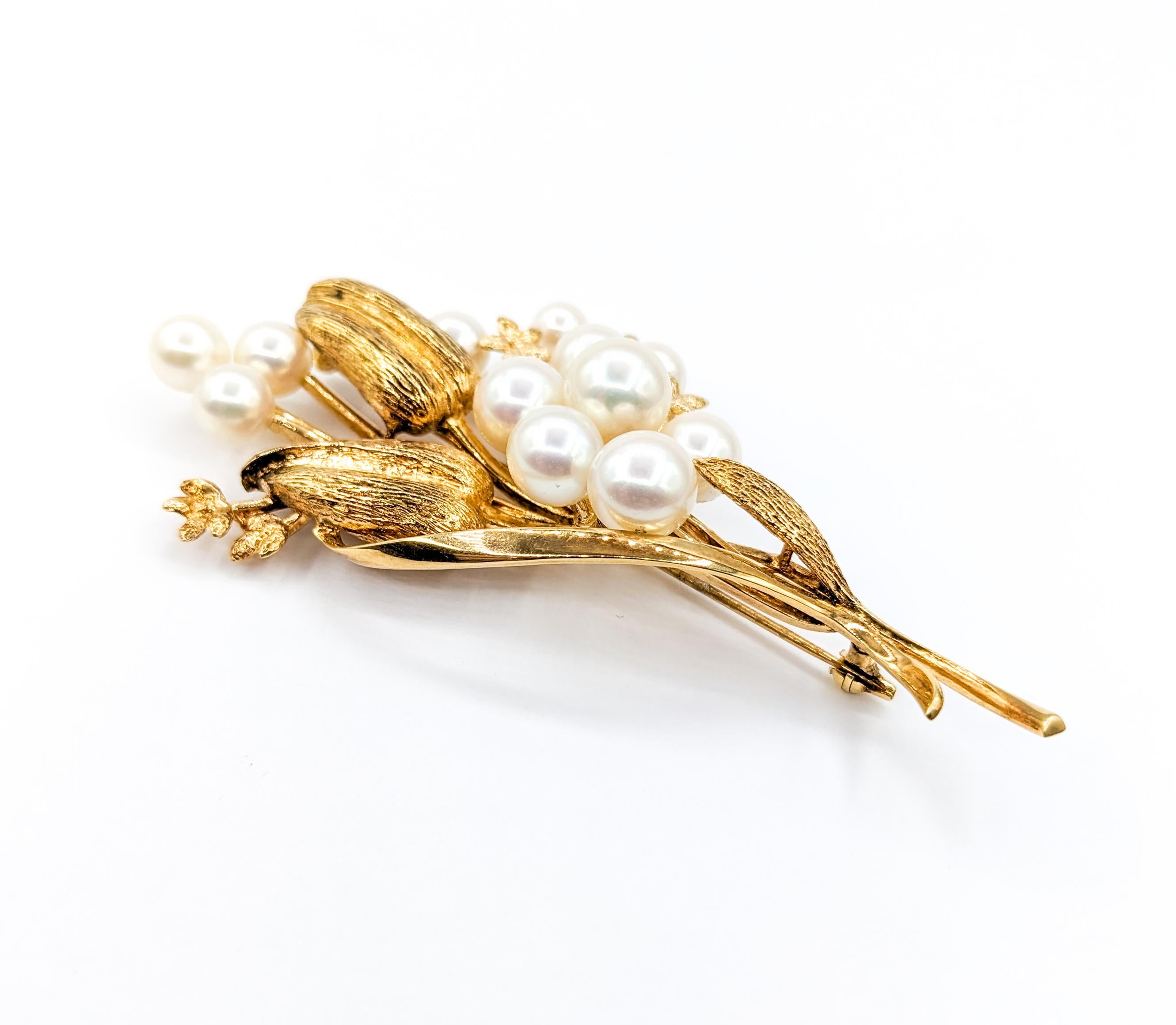 Women's Elegant Mikimoto Brooch Adorned with Akoya Pearls For Sale
