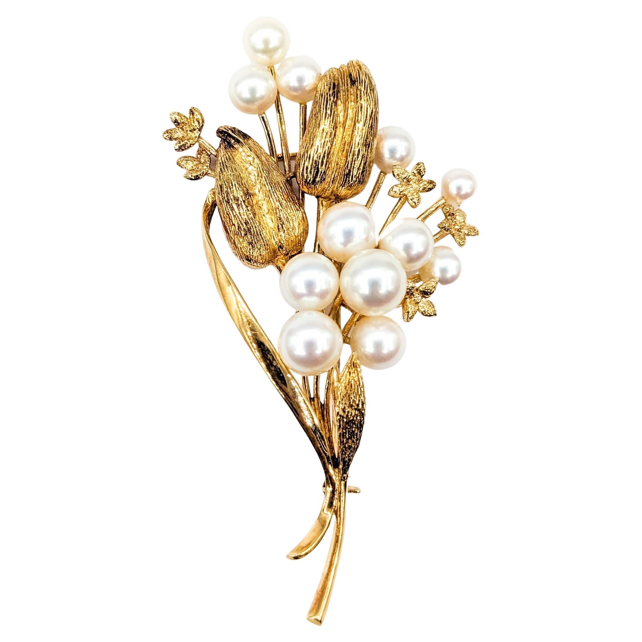 Elegant Mikimoto Brooch Adorned with Akoya Pearls For Sale