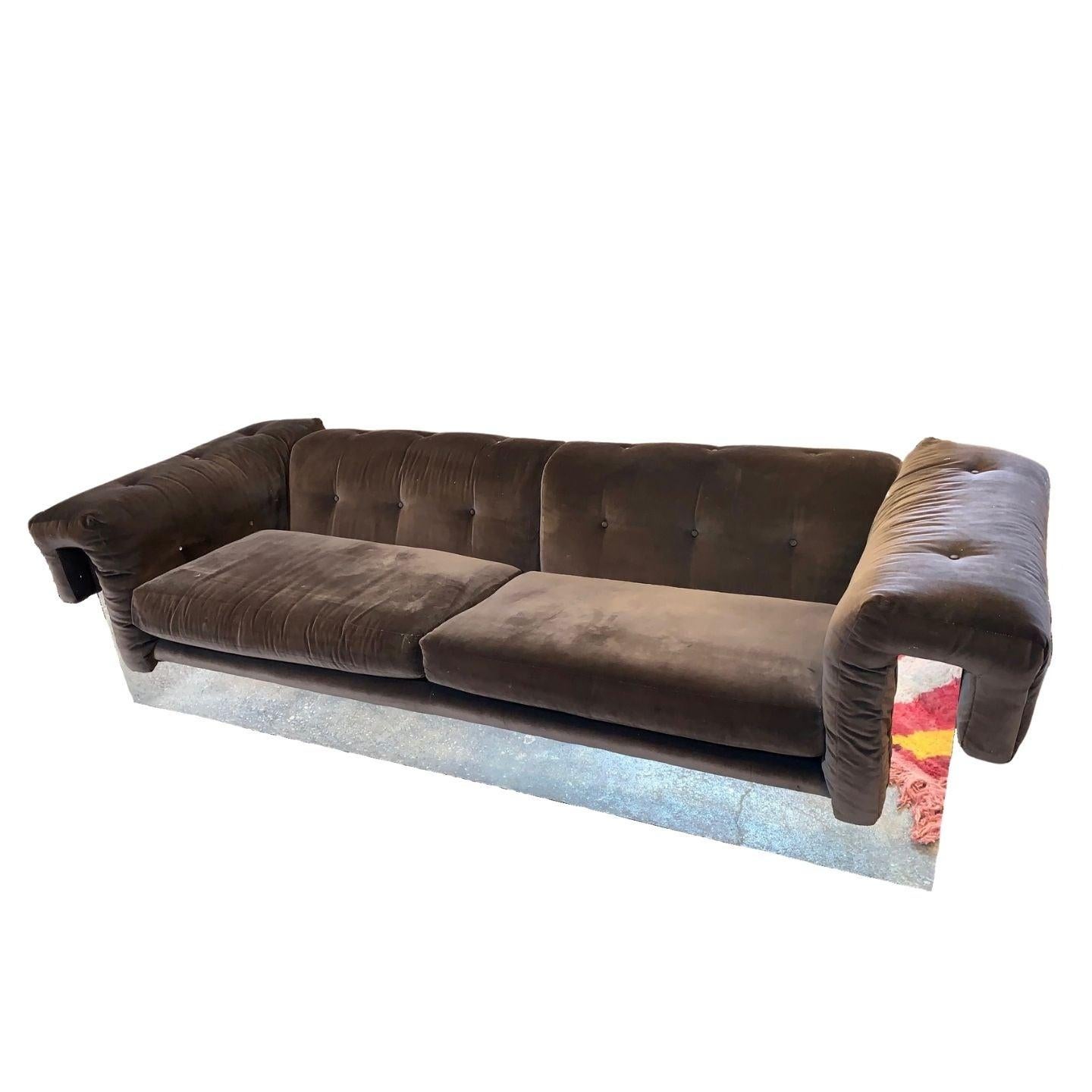 Beautiful Milo Baughman and Thayer Coggin brown velvet sofa with a mirrored chrome bottom that wraps around the entire couch.