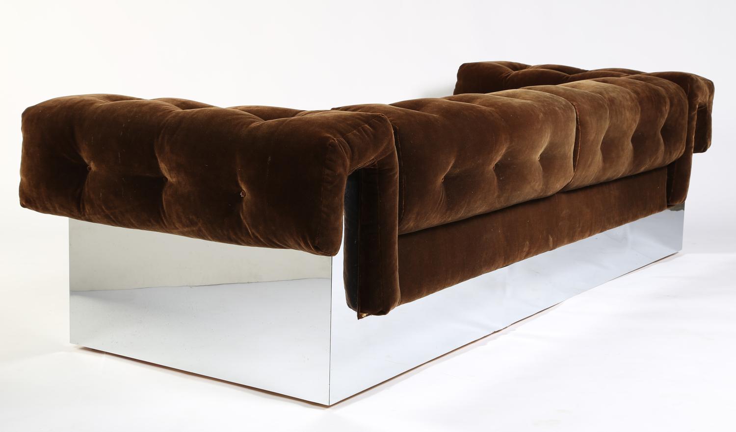 American Elegant Milo Baughman Button-Tufted Chrome Sofa