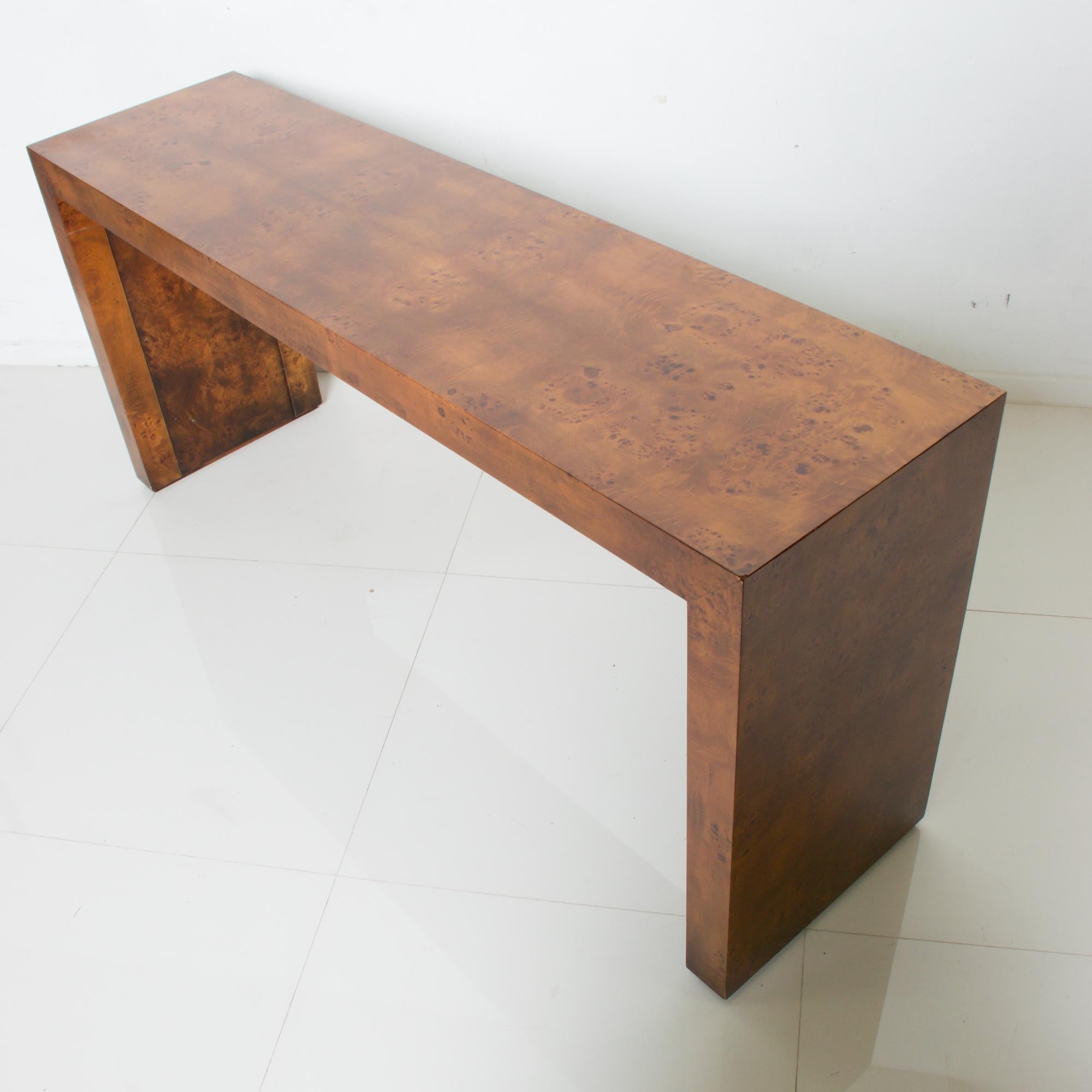 Wood Milo Baughman Modern Burlwood Sofa Console Table 1970s Elegance