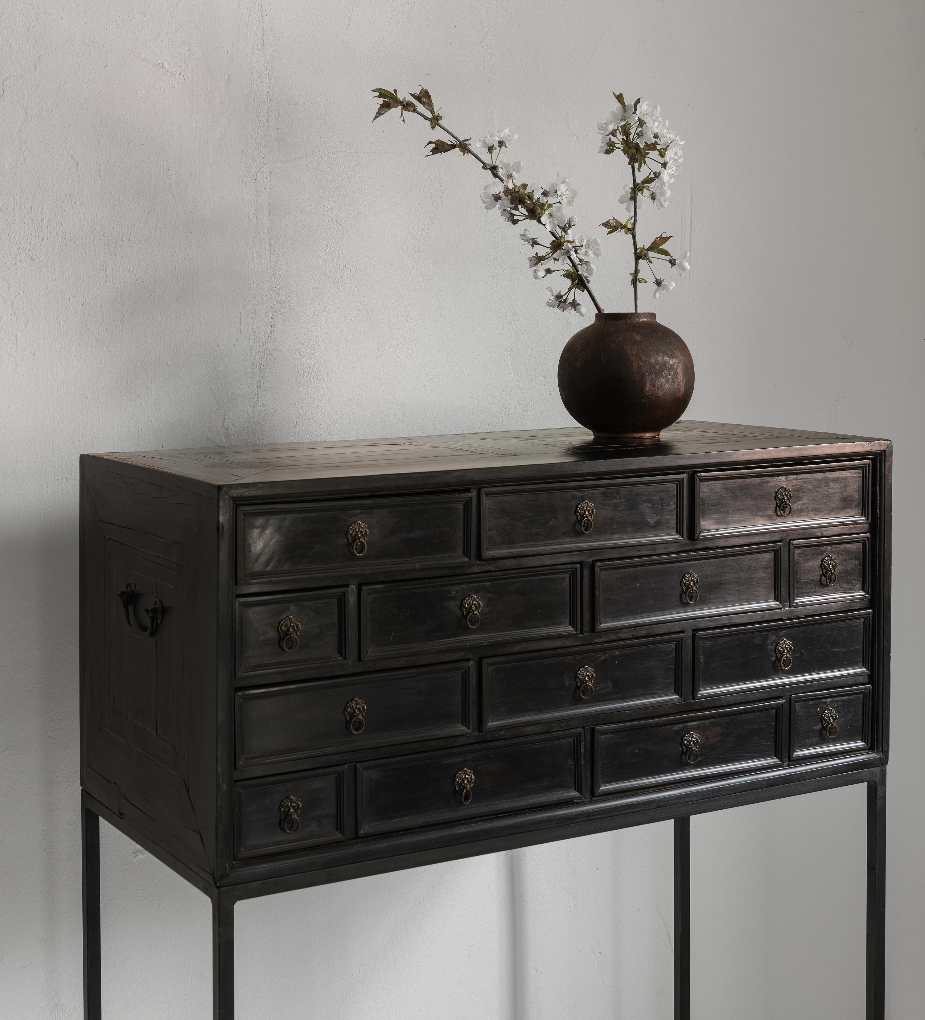 Baroque Elegant Minimalistic 17th Century Ebonized Cabinet on a Contemporary Steel Stand For Sale