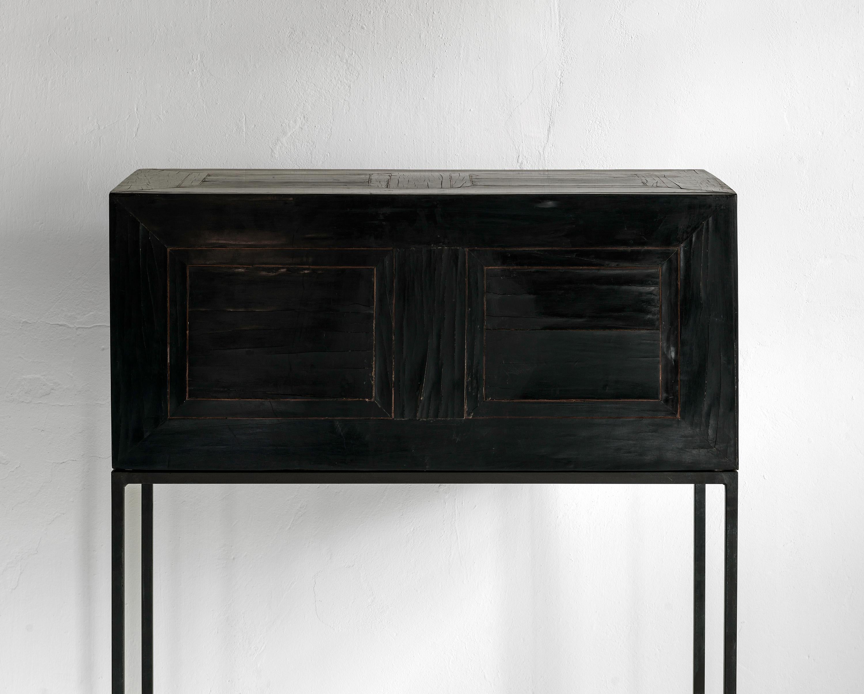 Belgian Elegant Minimalistic 17th Century Ebonized Cabinet on a Contemporary Steel Stand For Sale