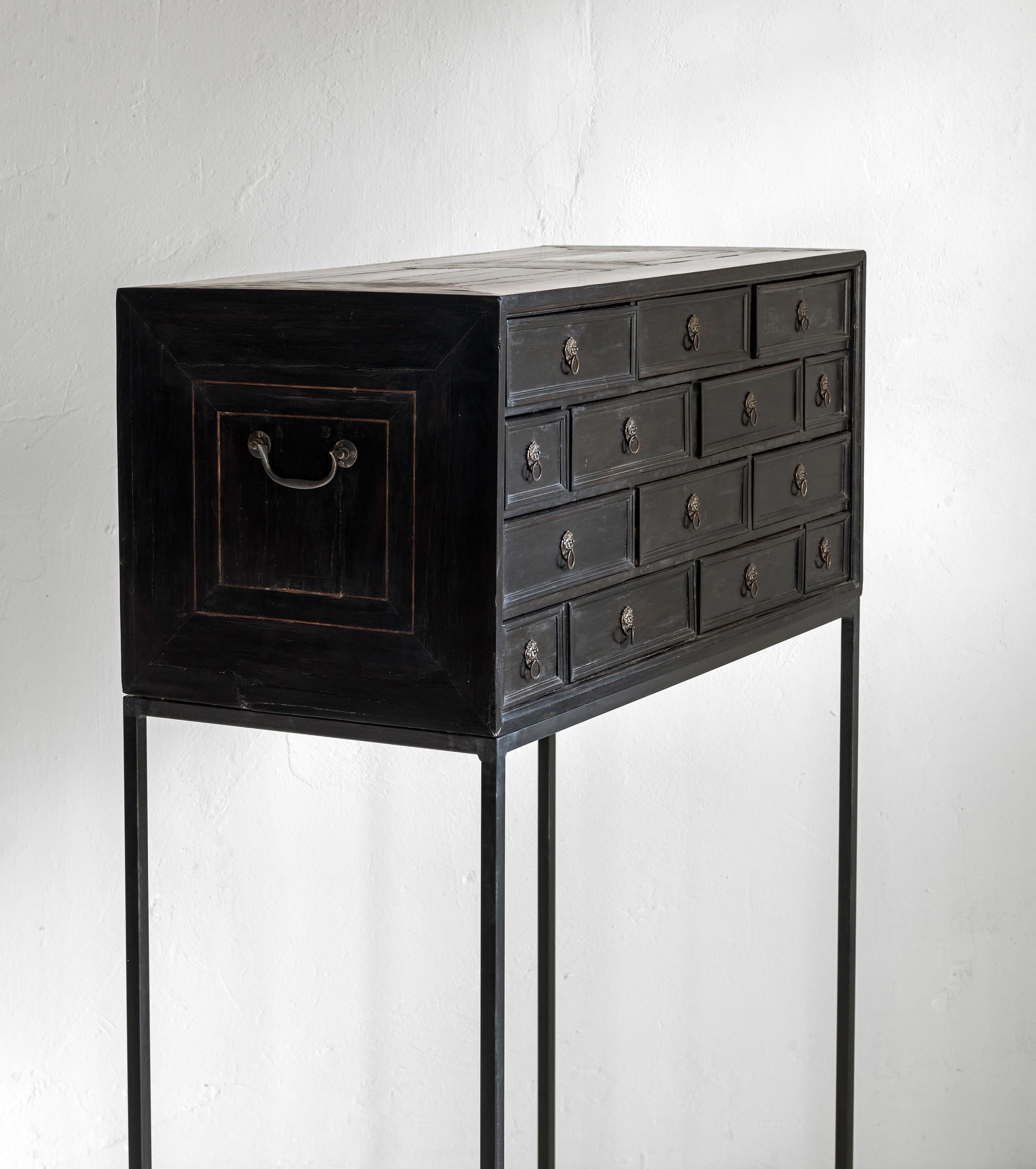 Wood Elegant Minimalistic 17th Century Ebonized Cabinet on a Contemporary Steel Stand For Sale