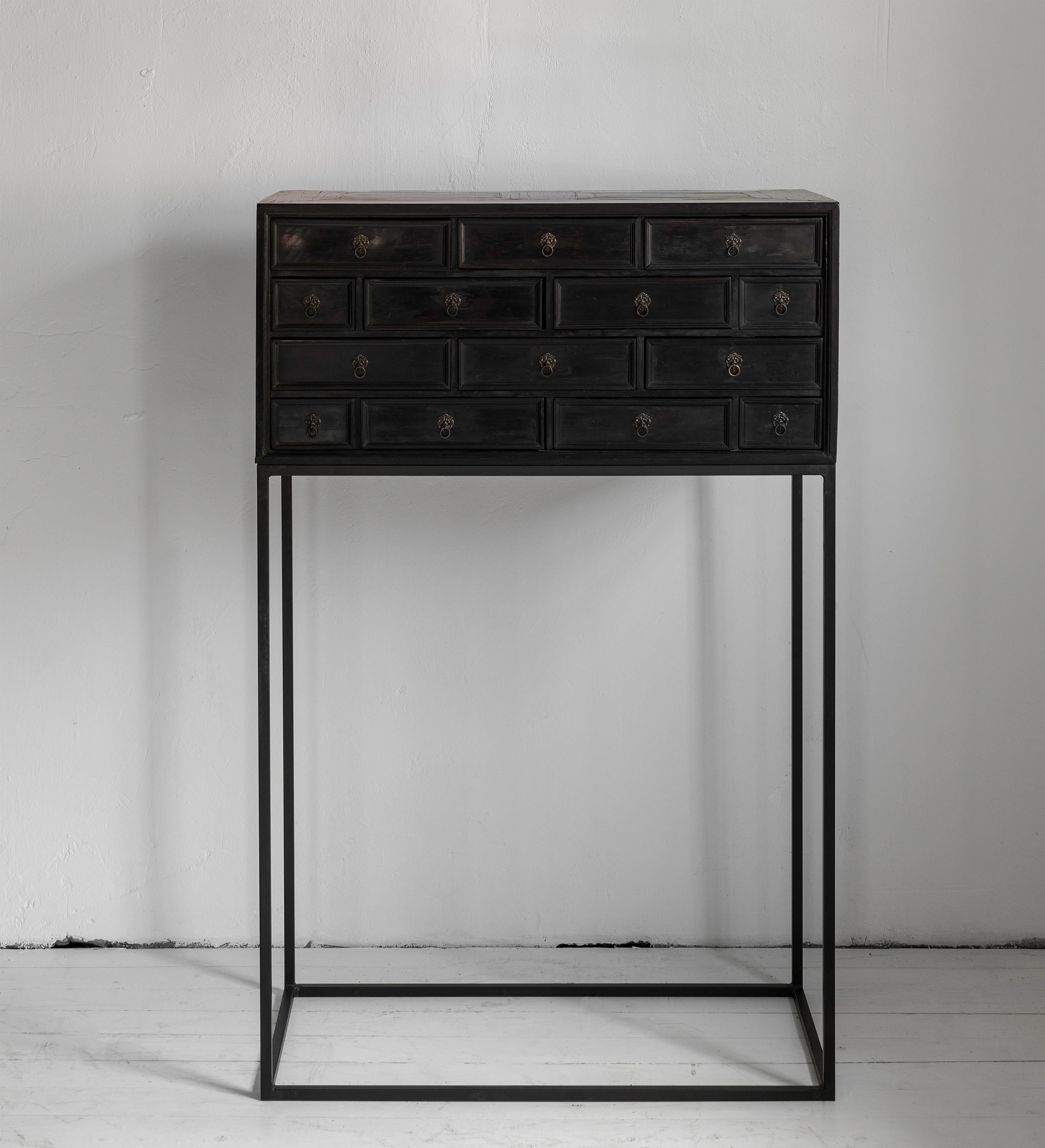 Elegant Minimalistic 17th Century Ebonized Cabinet on a Contemporary Steel Stand For Sale 2