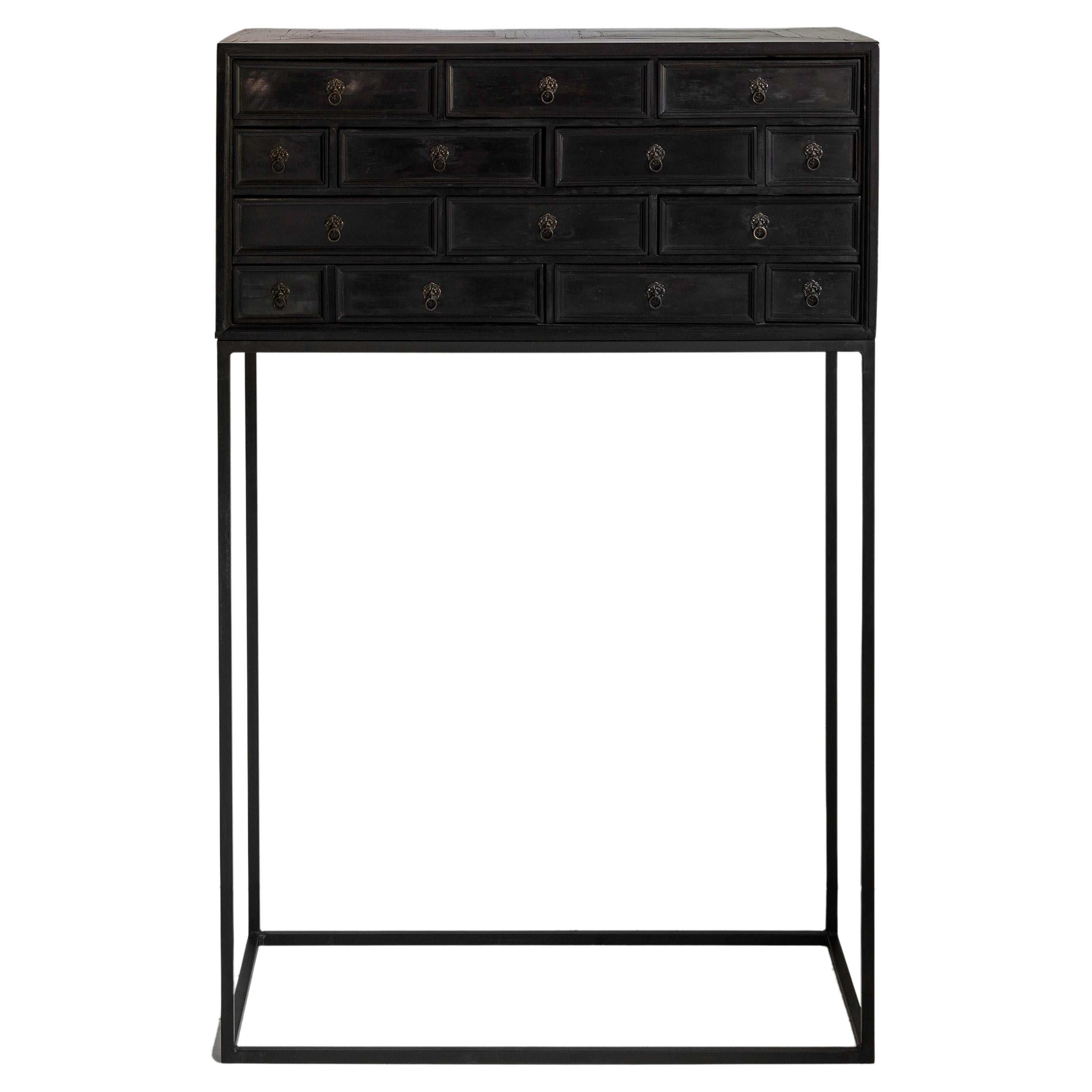 Elegant Minimalistic 17th Century Ebonized Cabinet on a Contemporary Steel Stand For Sale