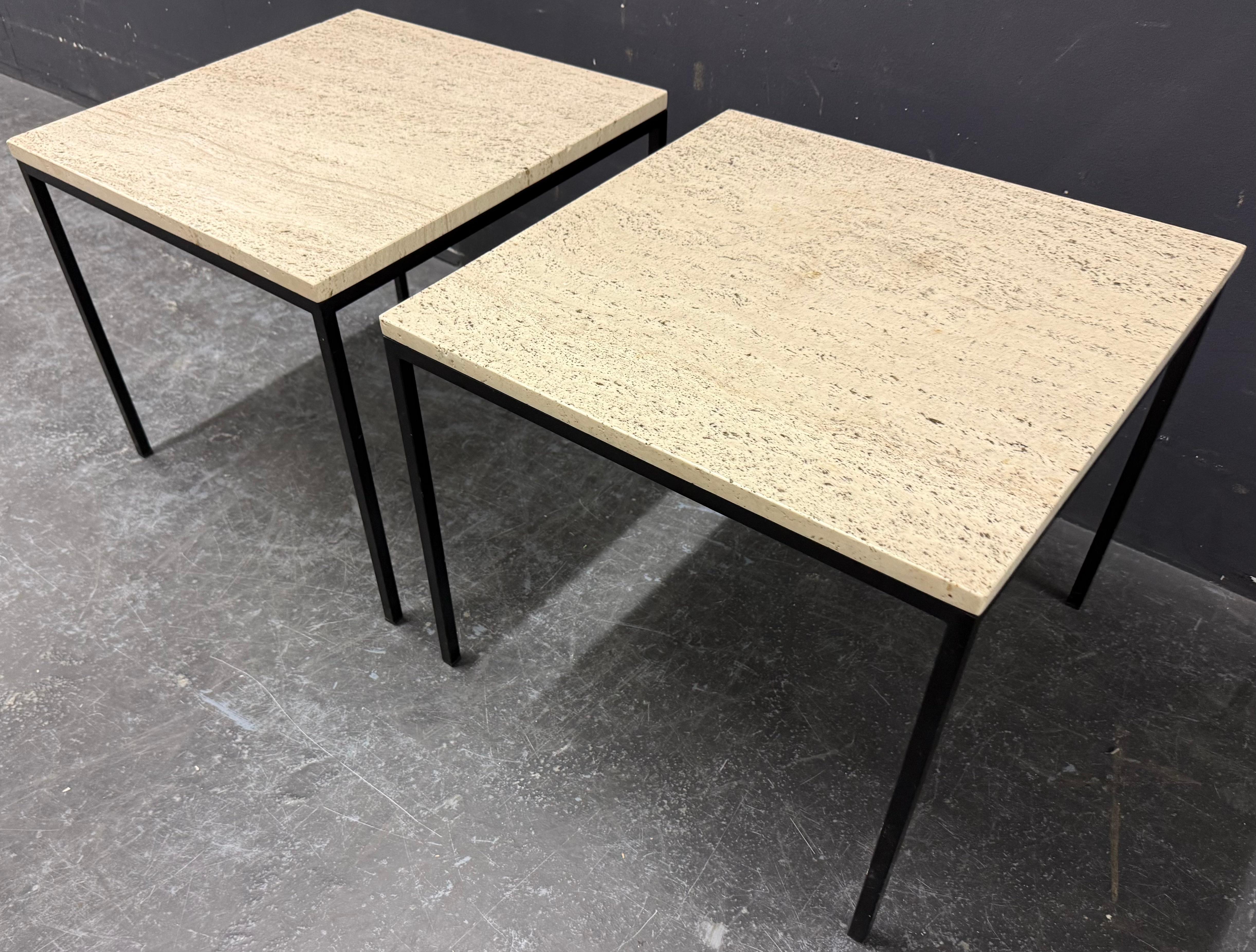 nice modernist set with massive metal base and elegant travertine tops. nice construction. 
