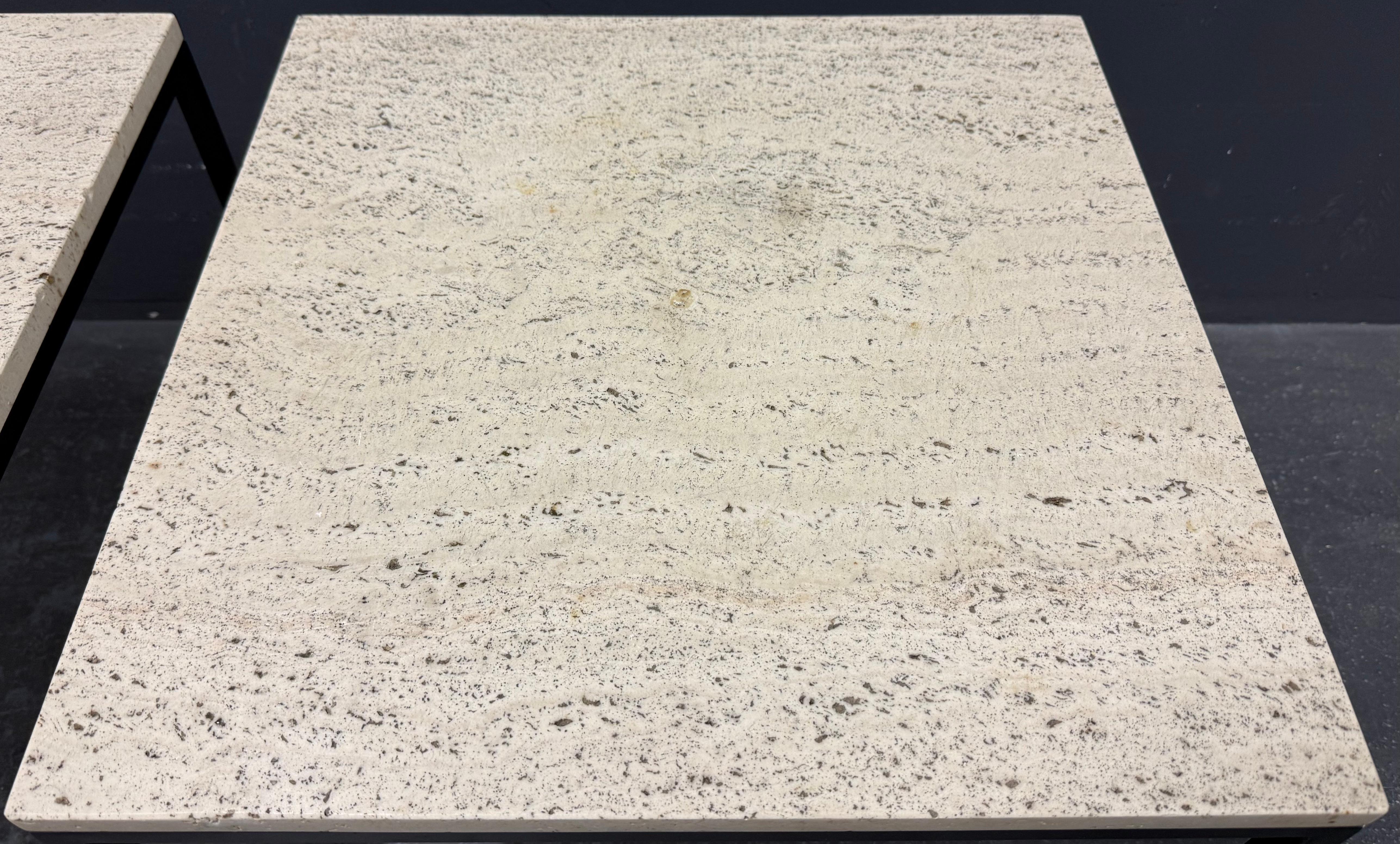 Metal elegant minimalistic set of travertine side tables For Sale