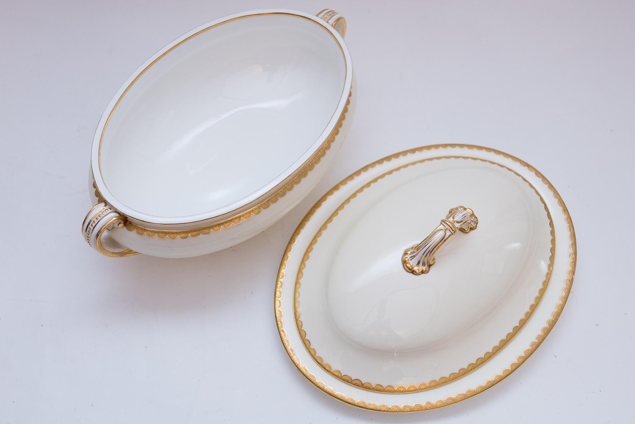 Gold Elegant Minton England Soup Tureen and Platter. Scalloped Gilt Design Circa 1920