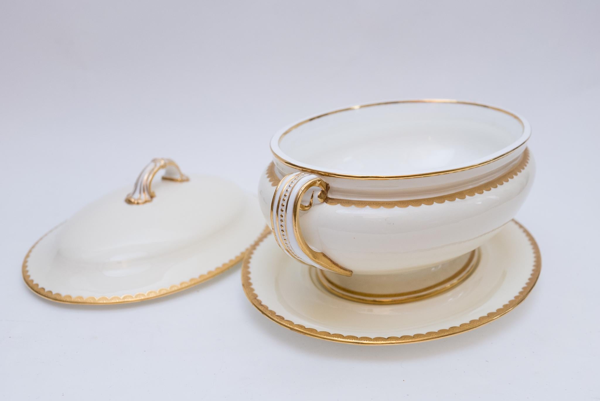 Elegant Minton England Soup Tureen and Platter. Scalloped Gilt Design Circa 1920 2