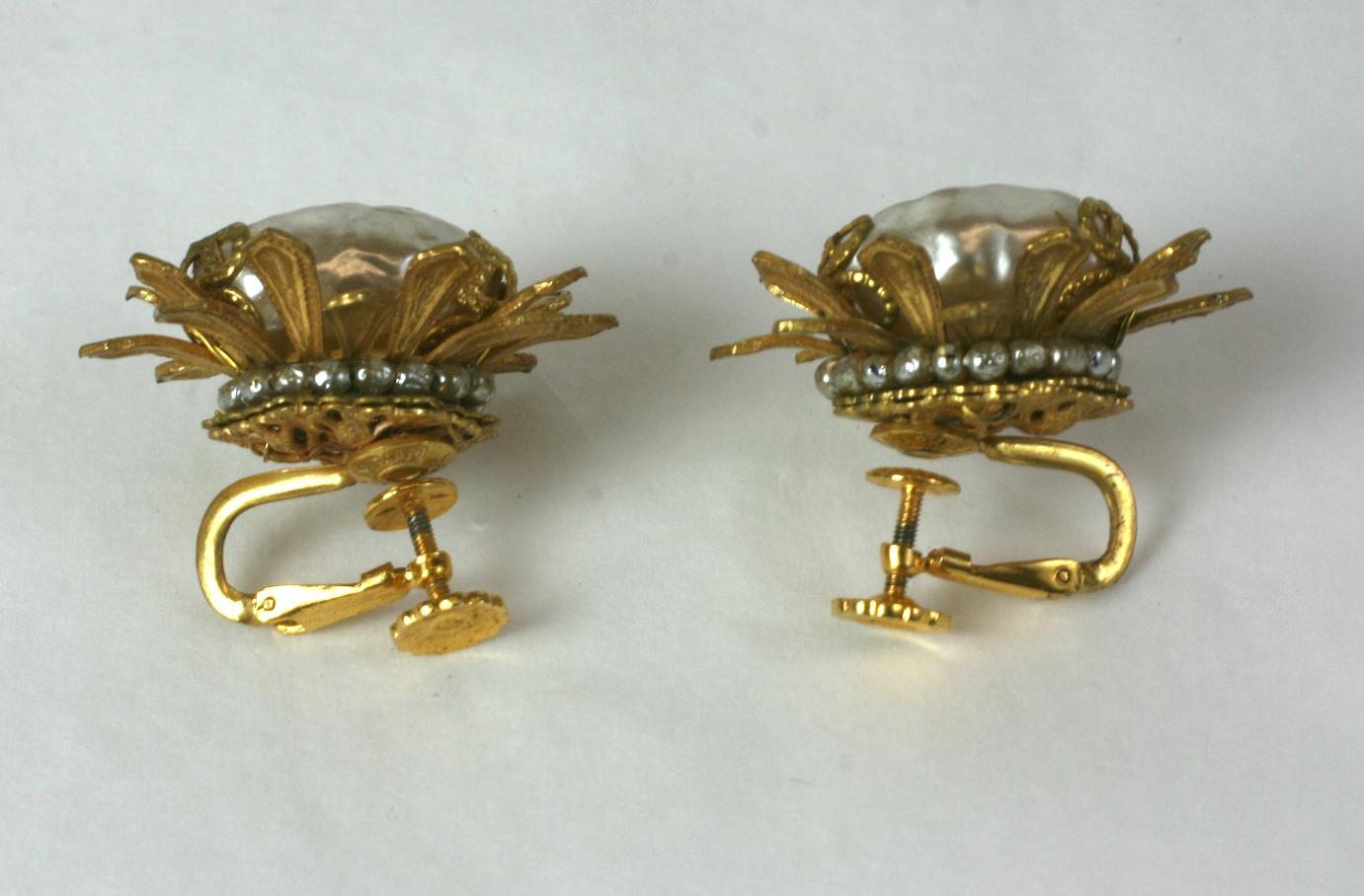 Elegant Miriam Haskell Gilt Flower Earrings In Excellent Condition In New York, NY