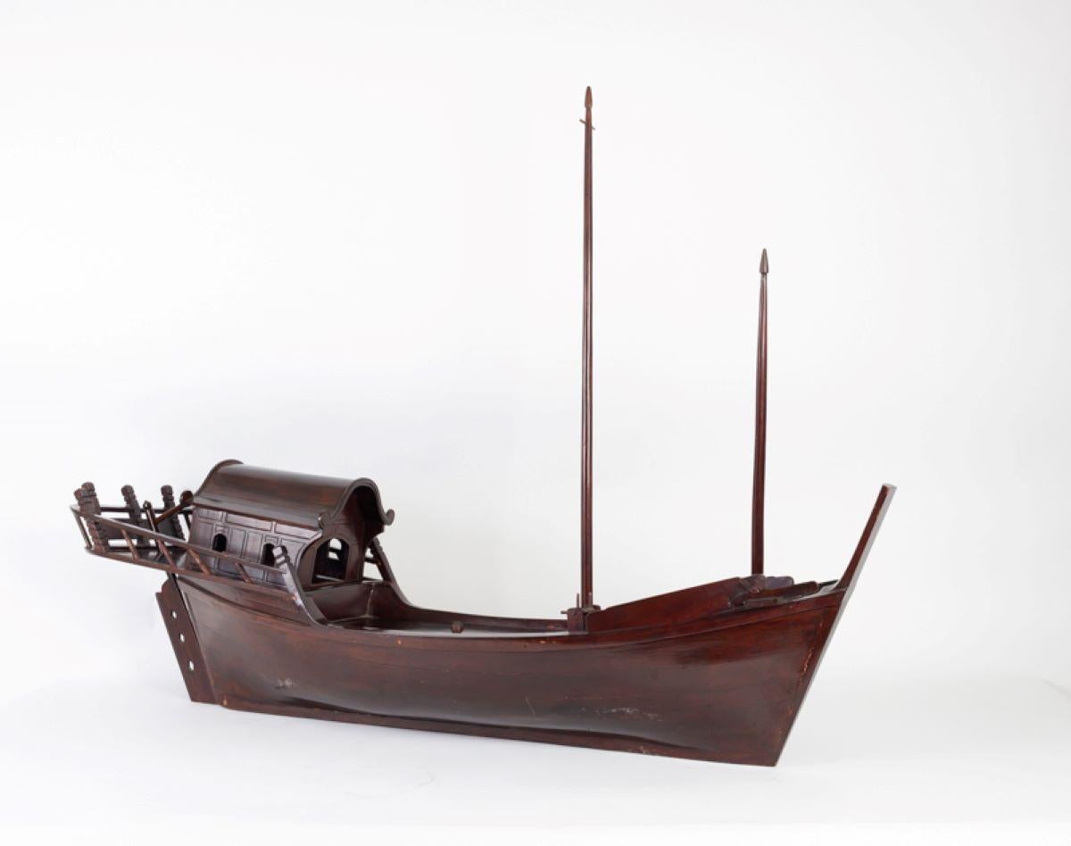 Elegant Model of Chinese Sailboat, Exotic Wood, with Assorted Stand For Sale 3