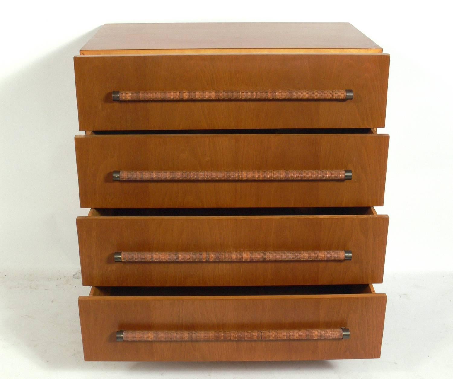American Elegant Modern Chest with Reed Wrapped Handles by T.H. Robsjohn-Gibbings