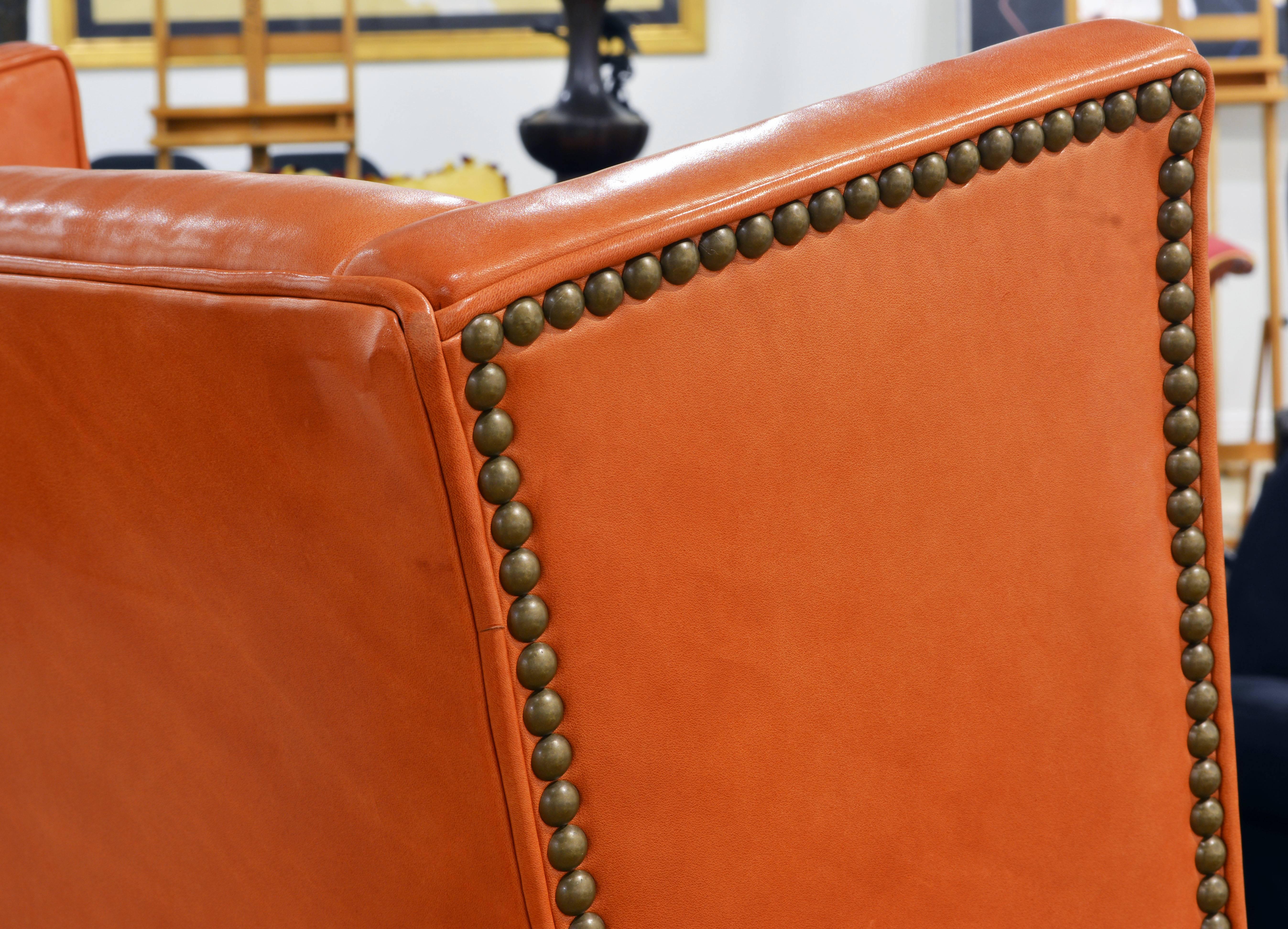 American Elegant Modern Design Leather Wing Back Chair in Hermes Orange Color