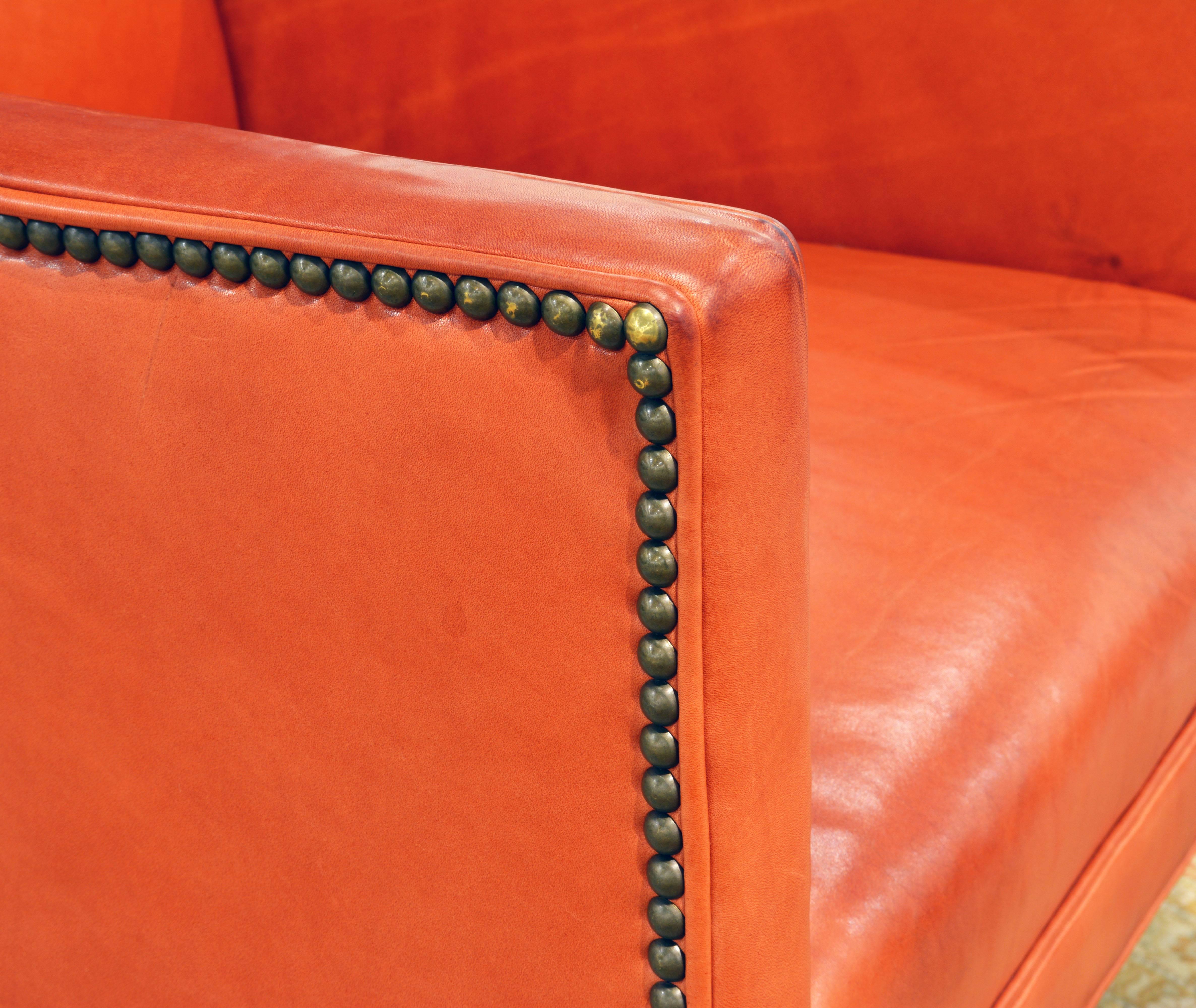 Elegant Modern Design Leather Wing Back Chair in Hermes Orange Color In Good Condition In Ft. Lauderdale, FL