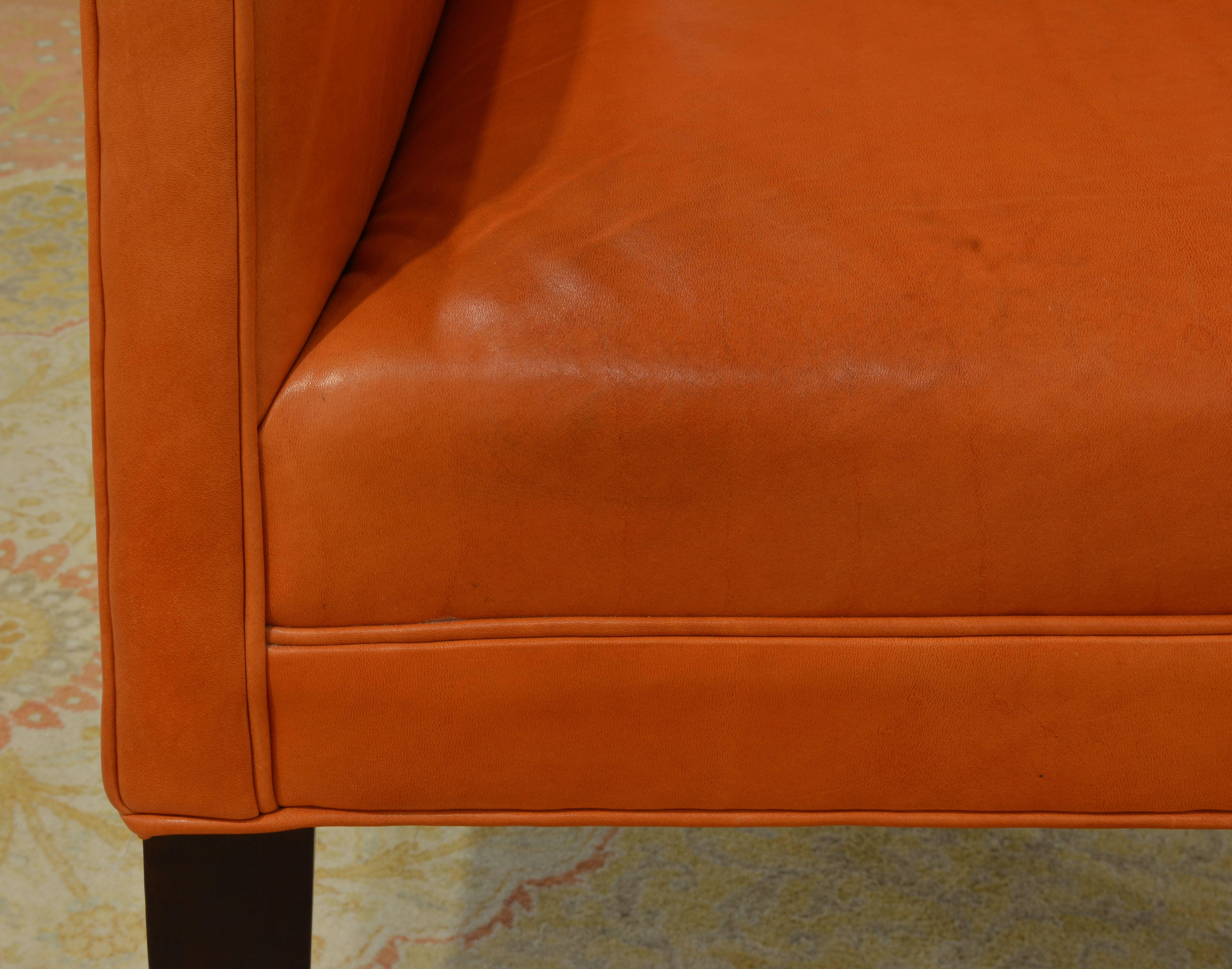 20th Century Elegant Modern Design Leather Wing Back Chair in Hermes Orange Color