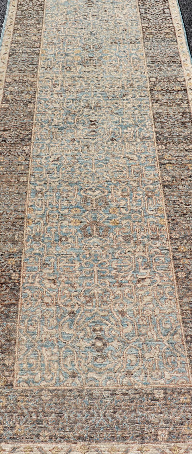 Elegant Modern Ottoman-Style Runner with Intricate Patterns in Blues and Browns For Sale 2