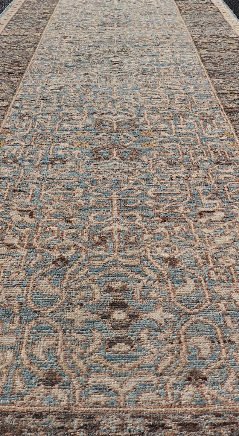 Elegant Modern Ottoman-Style Runner with Intricate Patterns in Blues and Browns For Sale 3