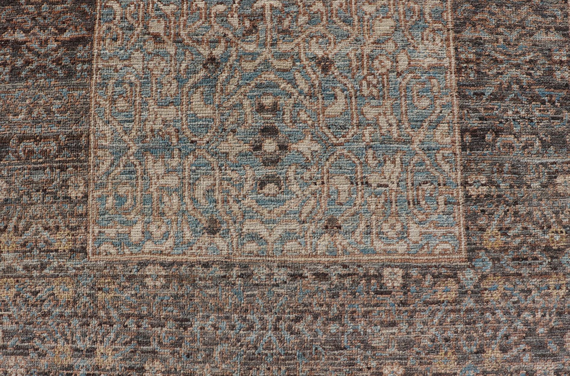 Afghan Elegant Modern Ottoman-Style Runner with Intricate Patterns in Blues and Browns For Sale