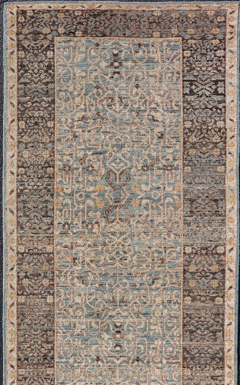 Hand-Knotted Elegant Modern Ottoman-Style Runner with Intricate Patterns in Blues and Browns For Sale
