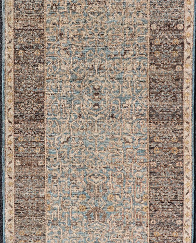 Elegant Modern Ottoman-Style Runner with Intricate Patterns in Blues and Browns In New Condition For Sale In Atlanta, GA