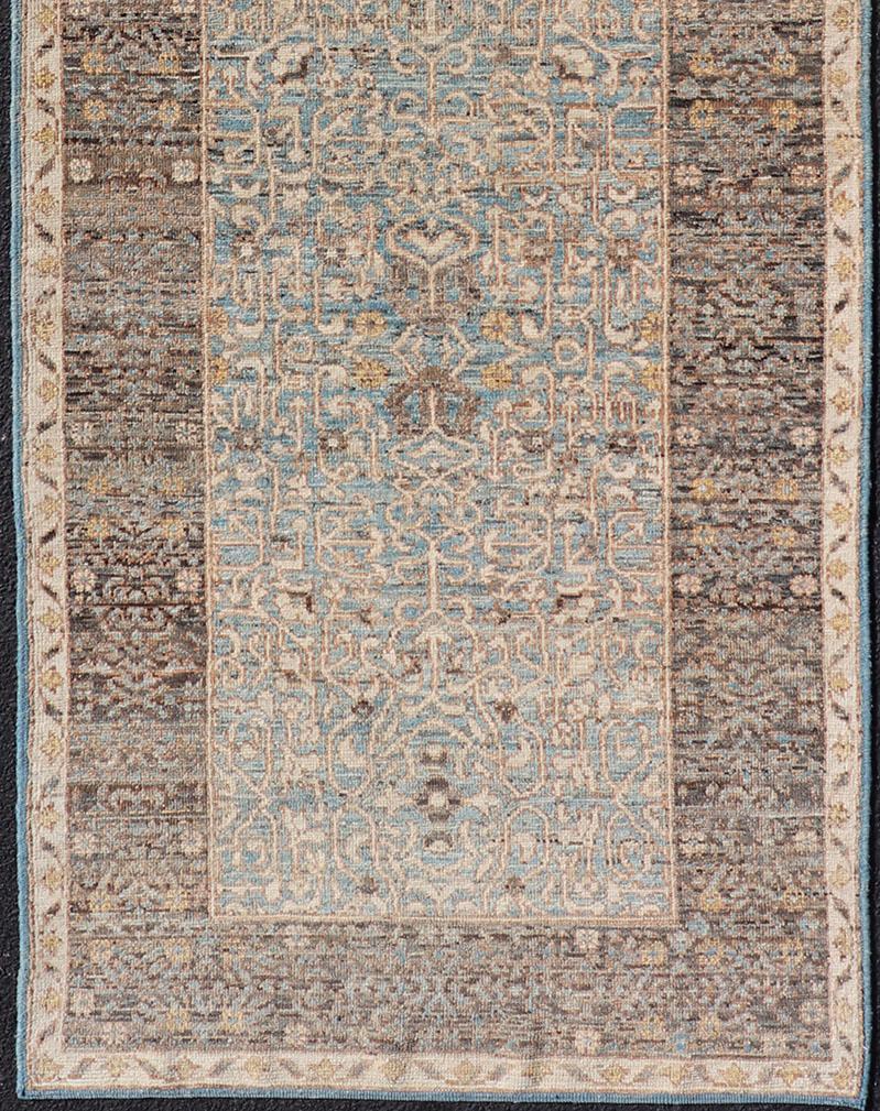 Contemporary Elegant Modern Ottoman-Style Runner with Intricate Patterns in Blues and Browns For Sale
