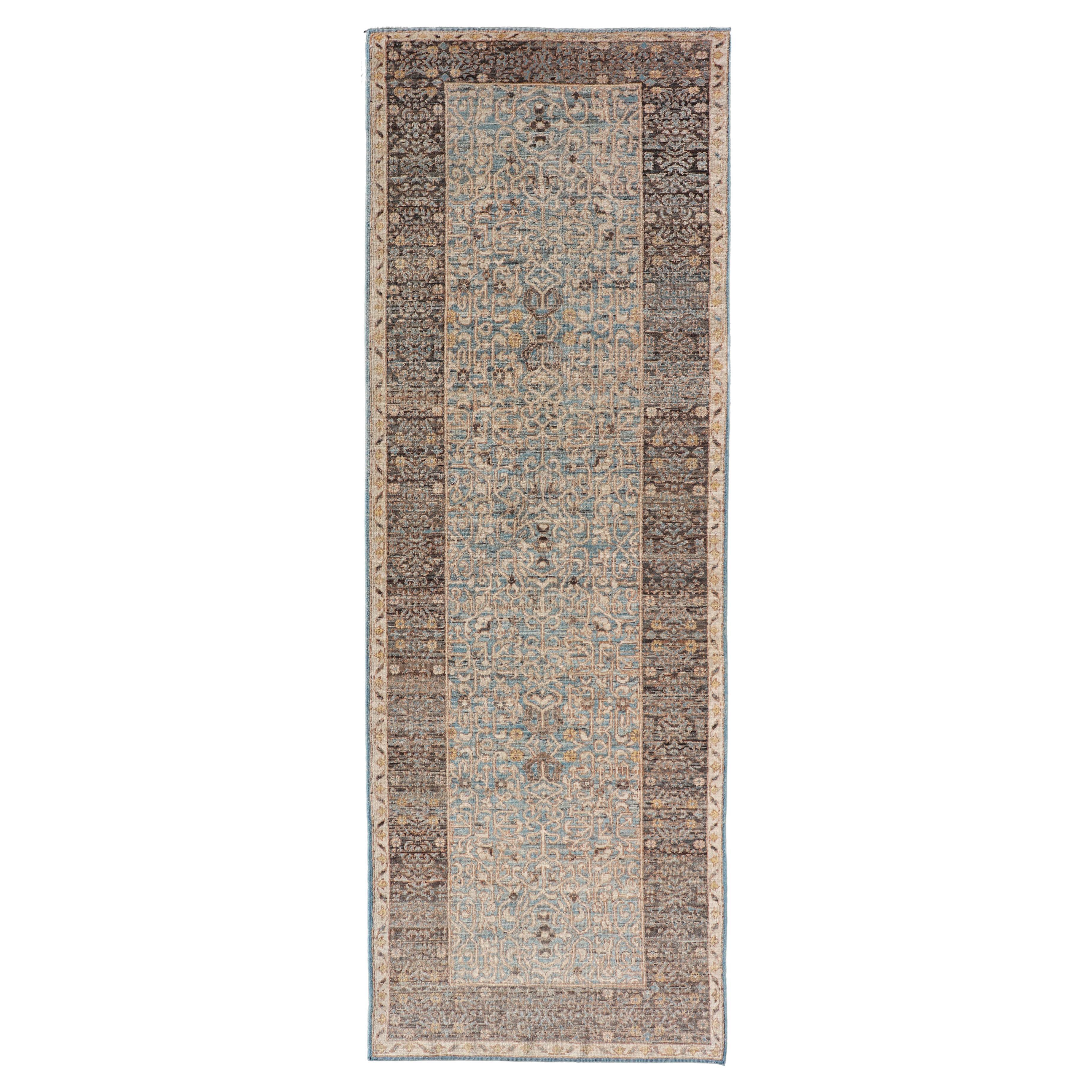 Elegant Modern Ottoman-Style Runner with Intricate Patterns in Blues and Browns For Sale