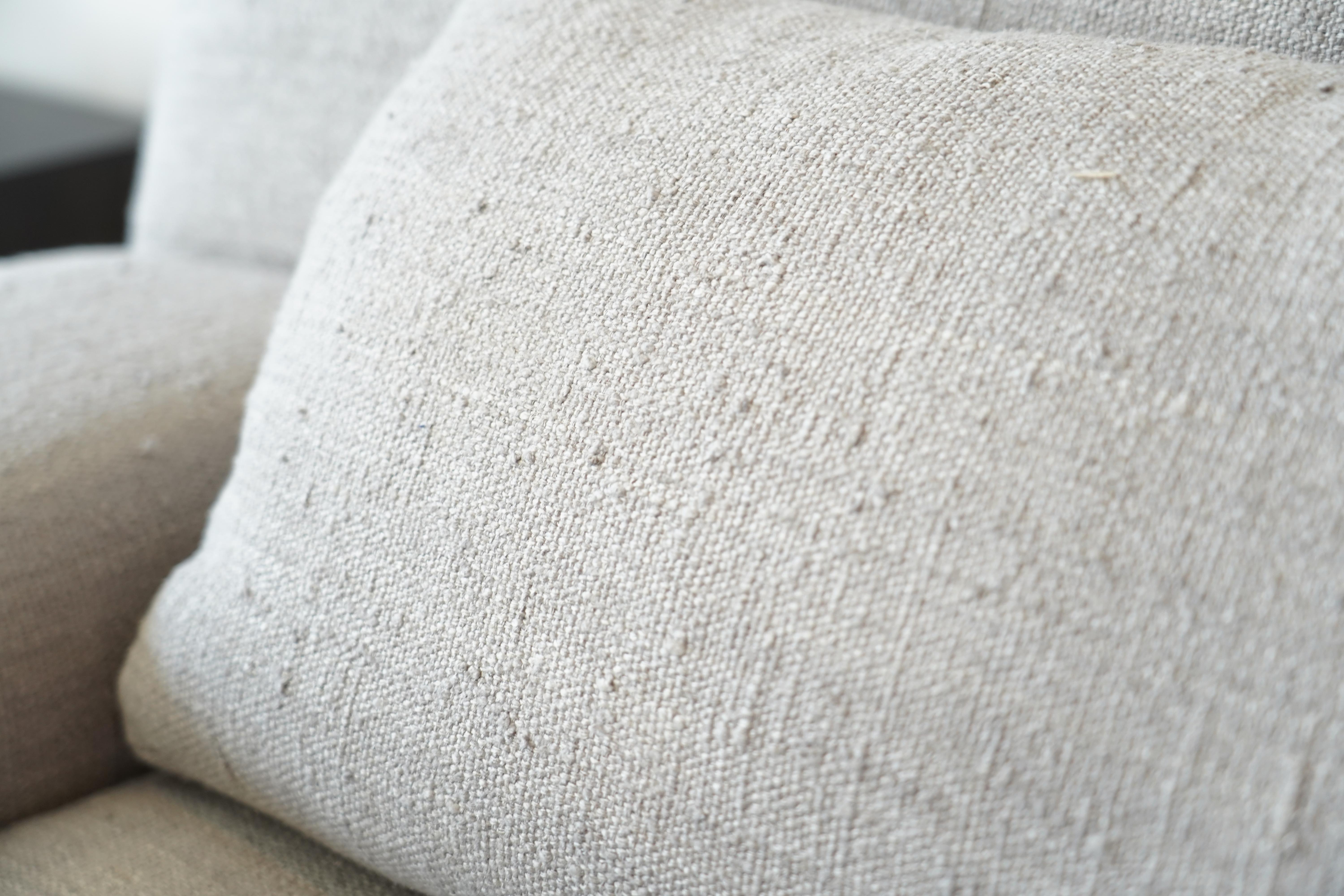 American Elegant Modern Sofa Upholstered in Handwoven Dove Grey Linen/Silk on Chrome Legs For Sale
