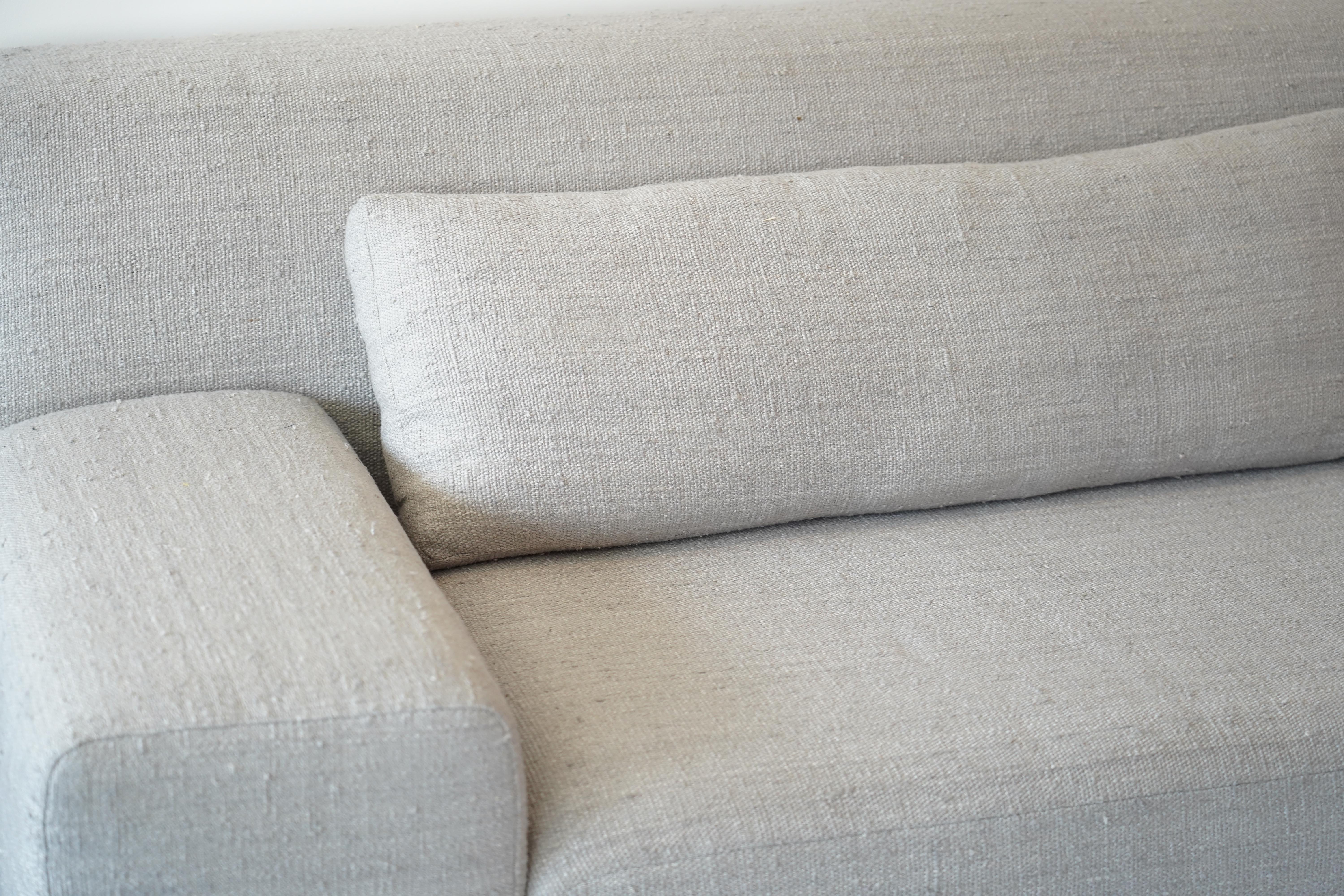 Contemporary Elegant Modern Sofa Upholstered in Handwoven Dove Grey Linen/Silk on Chrome Legs For Sale