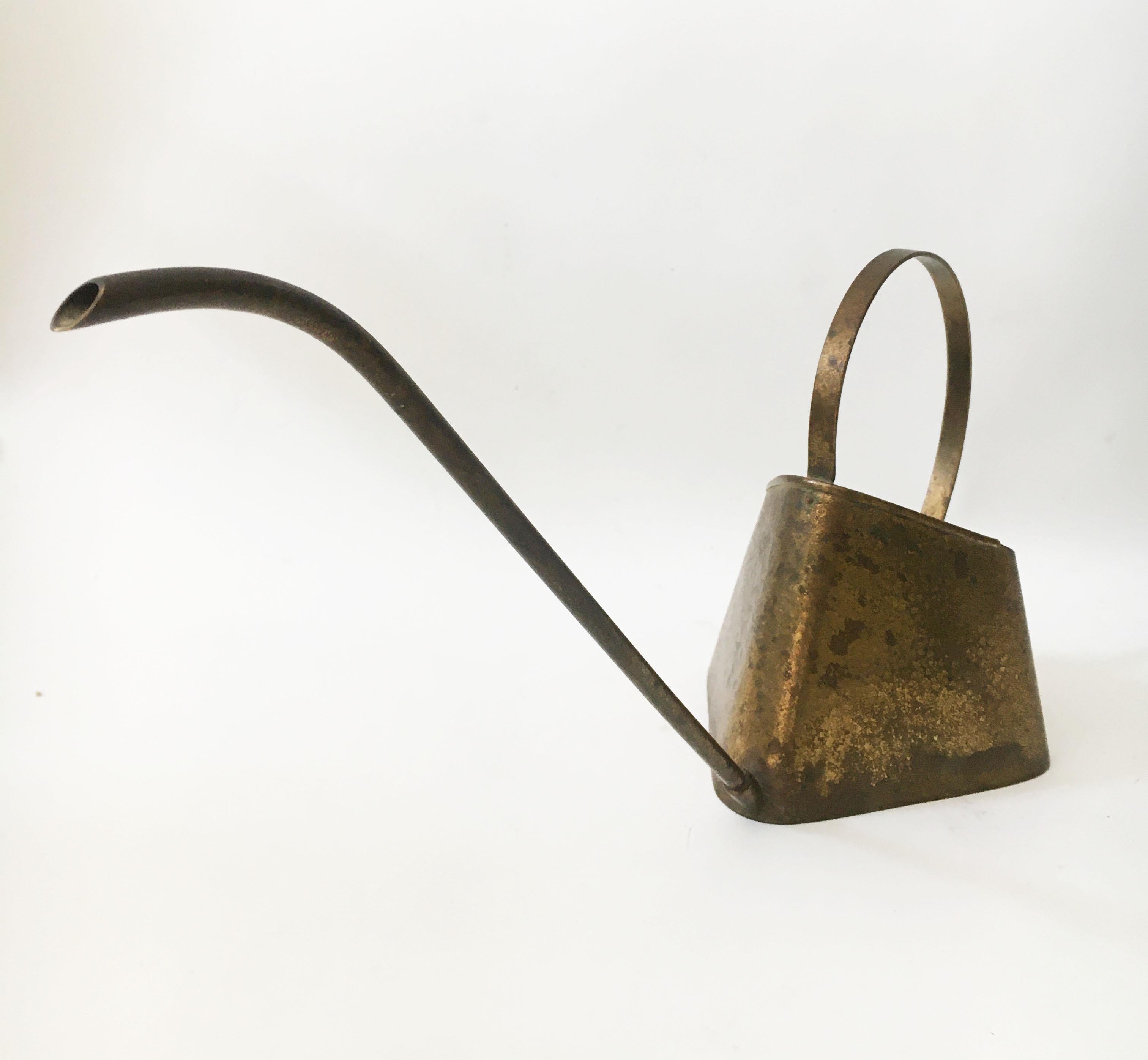 Elegant Modernist Watering Can, Patinated Brass Hammered Style, Austria 1950s 2