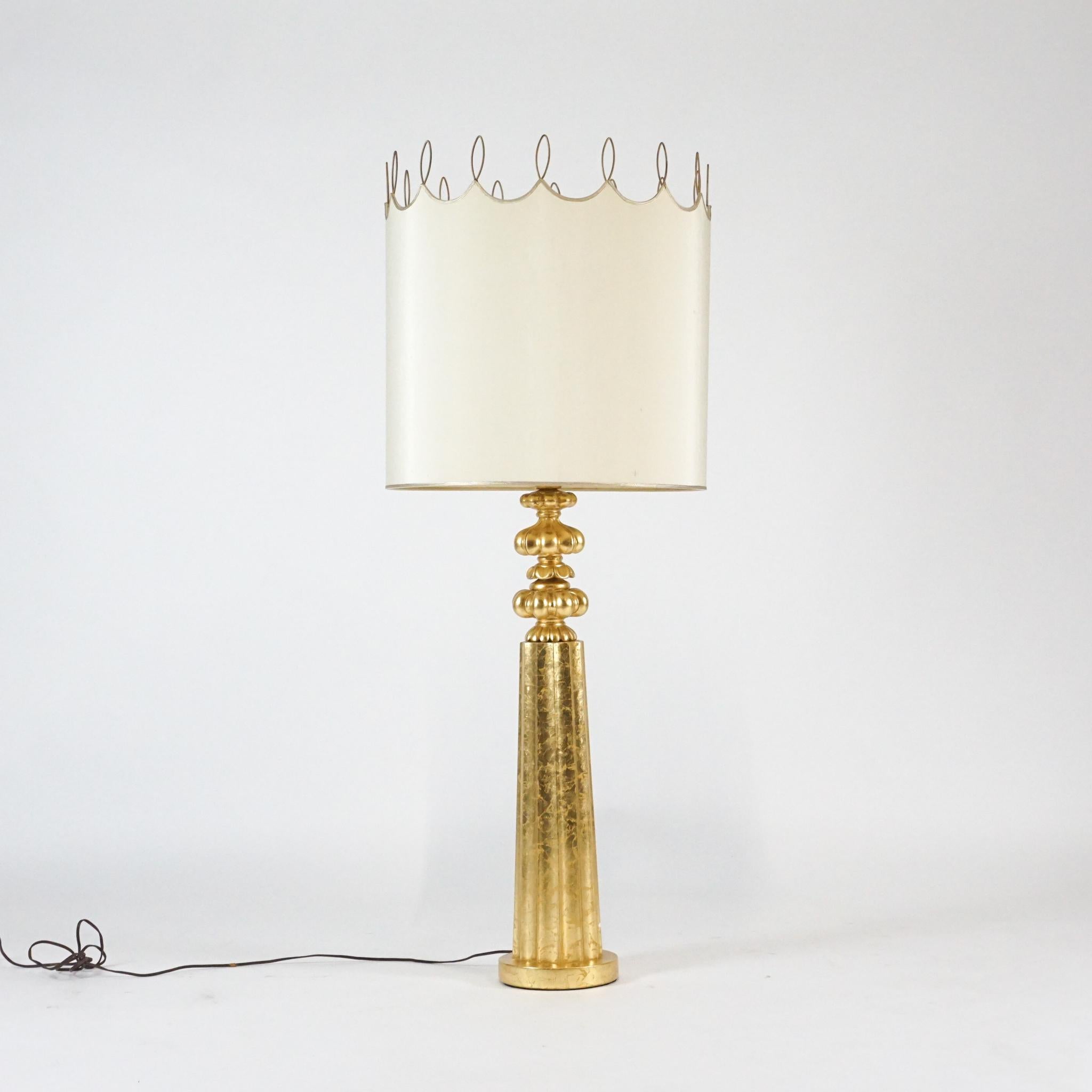 Hollywood Regency Elegant Monumental & Heavy Gold Leaf Lamp with Decorative Shade, Tommi Parzinger