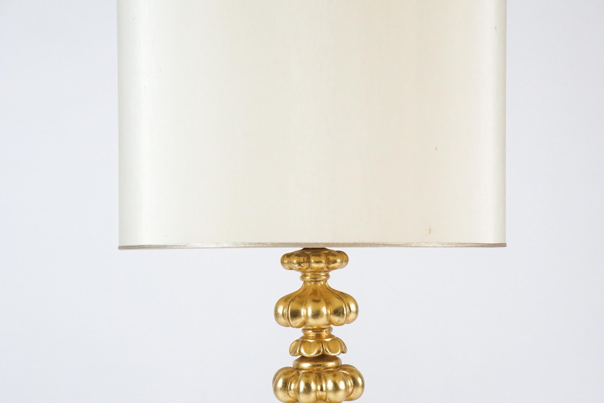 Elegant Monumental & Heavy Gold Leaf Lamp with Decorative Shade, Tommi Parzinger In Good Condition In Hudson, NY