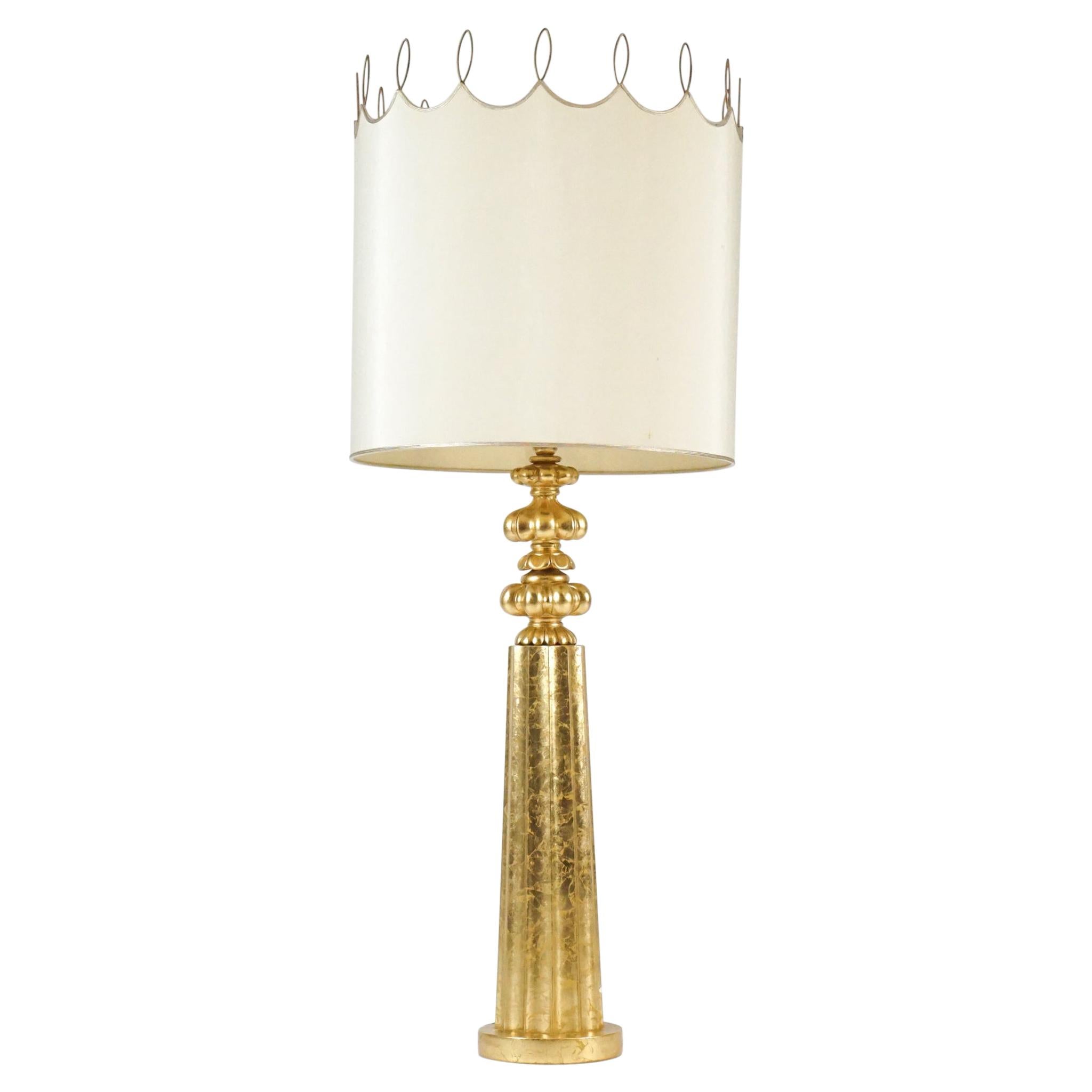 Elegant Monumental & Heavy Gold Leaf Lamp with Decorative Shade, Tommi Parzinger