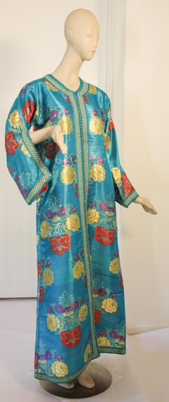 Elegant Moroccan Caftan in Blue Metallic Floral Brocade
