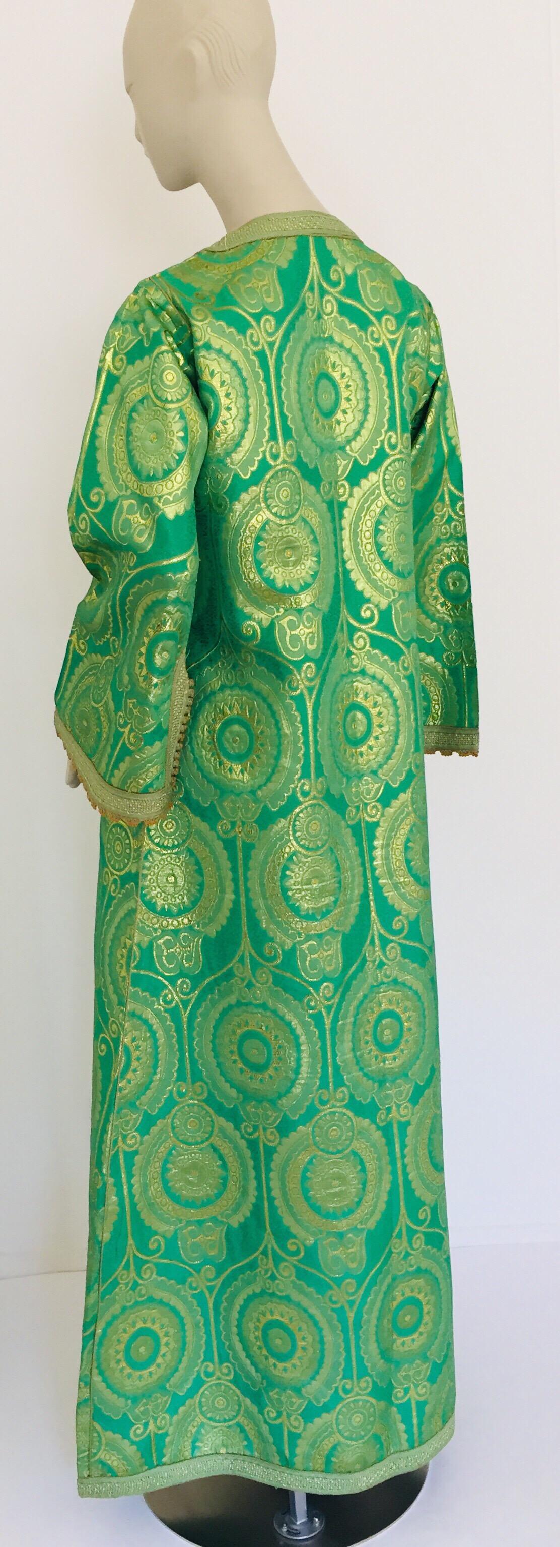 Elegant Moroccan Caftan Lime Green and Gold Metallic Floral Brocade 8