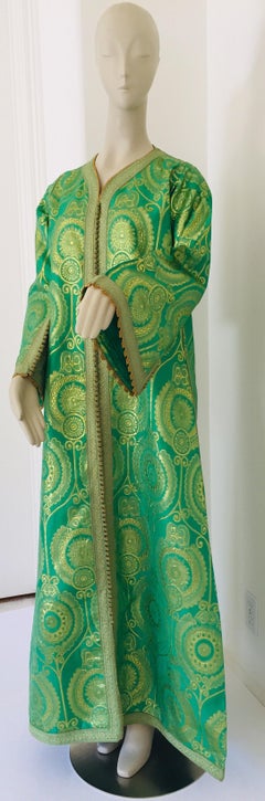 Elegant Moroccan Caftan Lime Green and Gold Metallic Floral Brocade