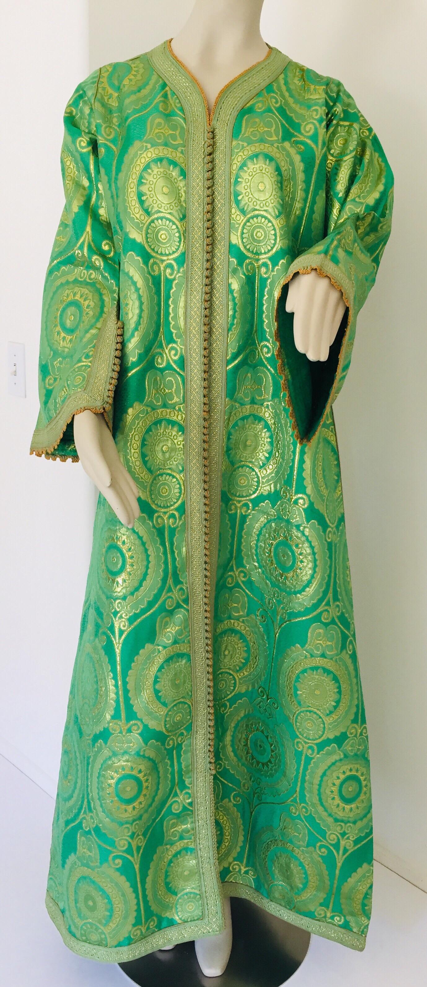 Bohemian Elegant Moroccan Caftan Lime Green and Gold Metallic Floral Brocade