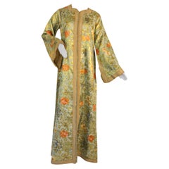 Used Elegant Moroccan Caftan Lime Green and Gold Metallic Floral Brocade
