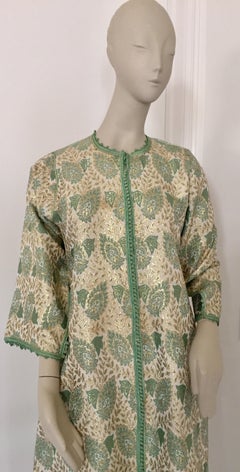 Elegant Moroccan Caftan Green and Silver and Gold Metallic Floral Brocade