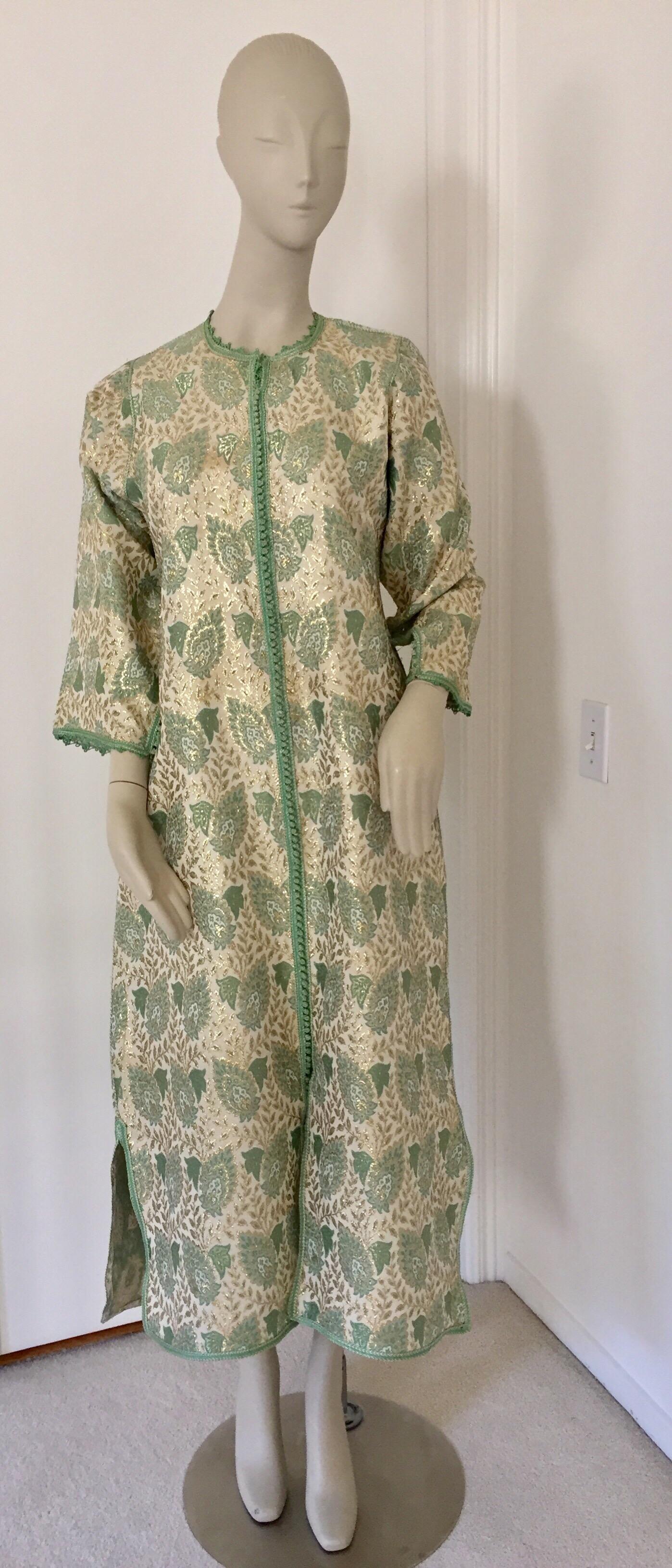 Bohemian Elegant Moroccan Caftan Green and Silver and Gold Metallic Floral Brocade For Sale