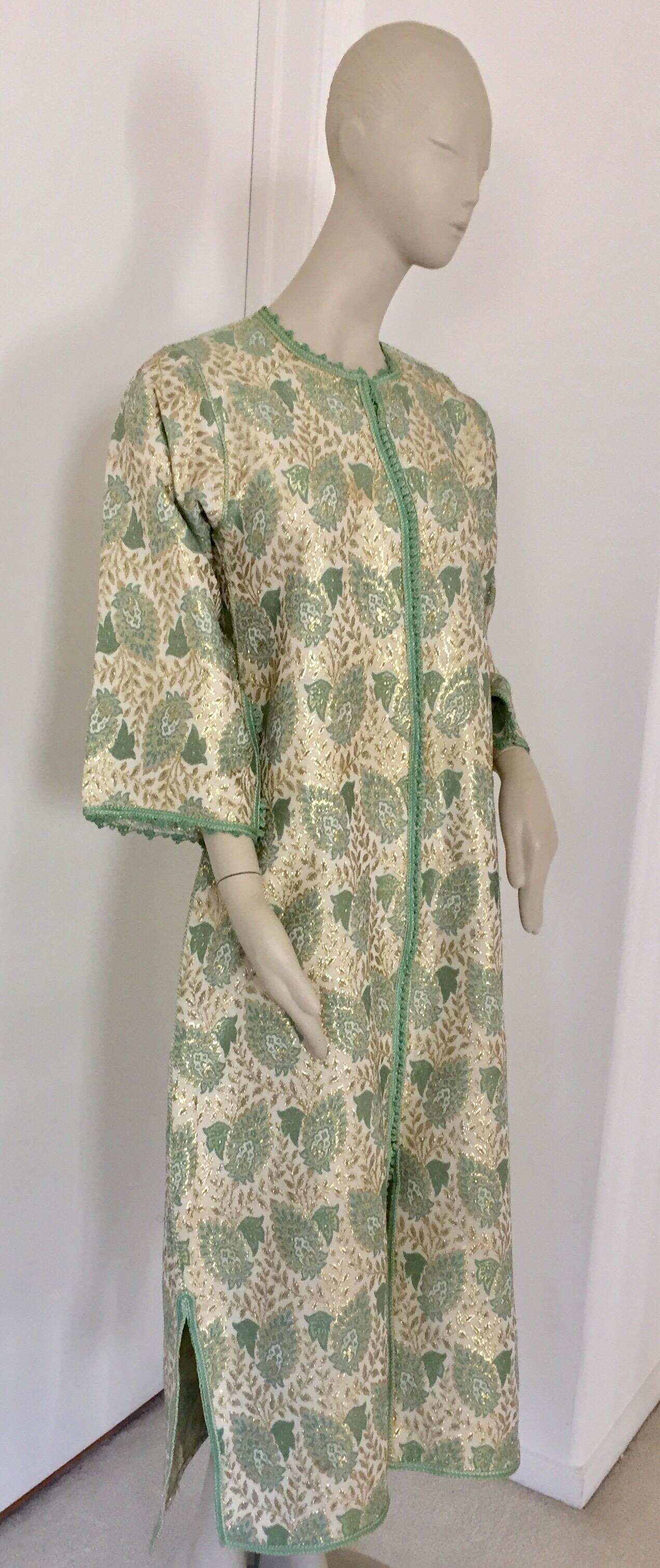 Embroidered Elegant Moroccan Caftan Green and Silver and Gold Metallic Floral Brocade For Sale