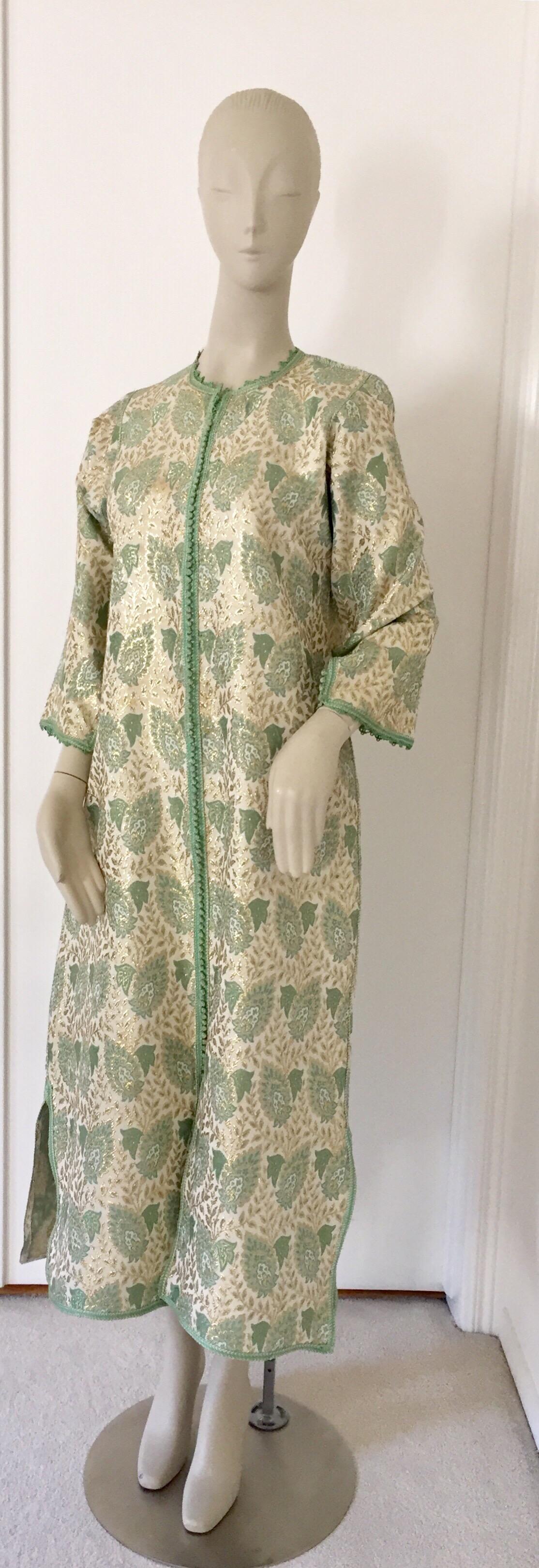 Brown Elegant Moroccan Caftan Lime Green and Silver and Gold Metallic Floral Brocade For Sale