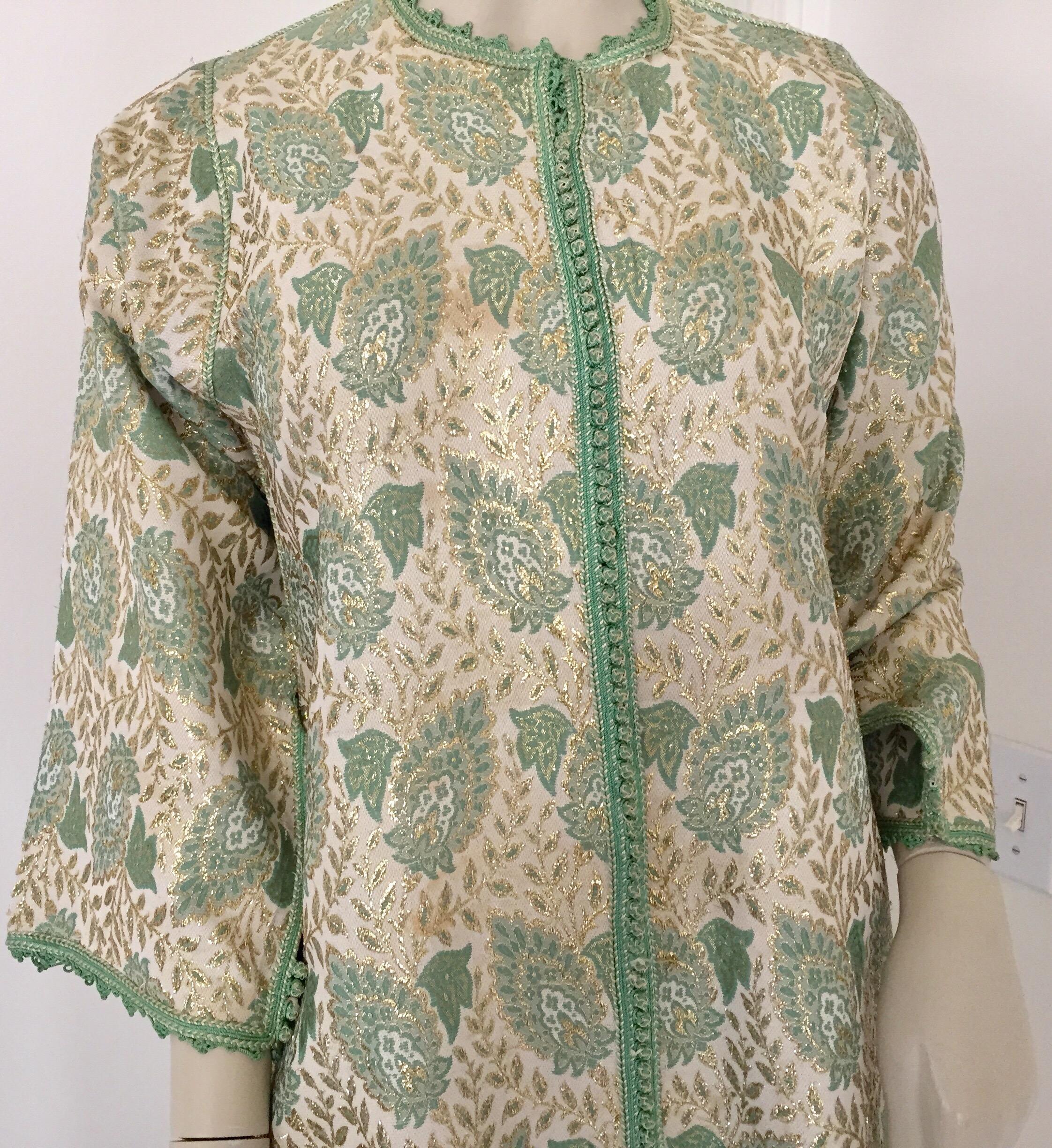 Elegant Moroccan Caftan Lime Green and Silver and Gold Metallic Floral Brocade In Good Condition For Sale In North Hollywood, CA