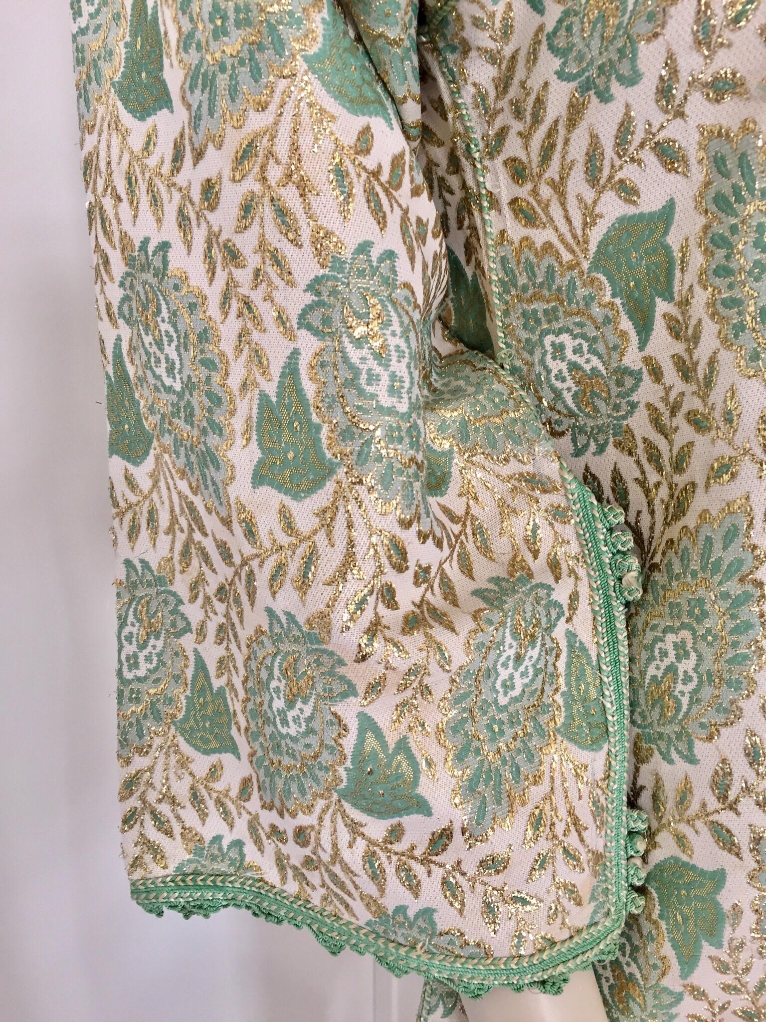 Fabric Elegant Moroccan Caftan Green and Silver and Gold Metallic Floral Brocade For Sale