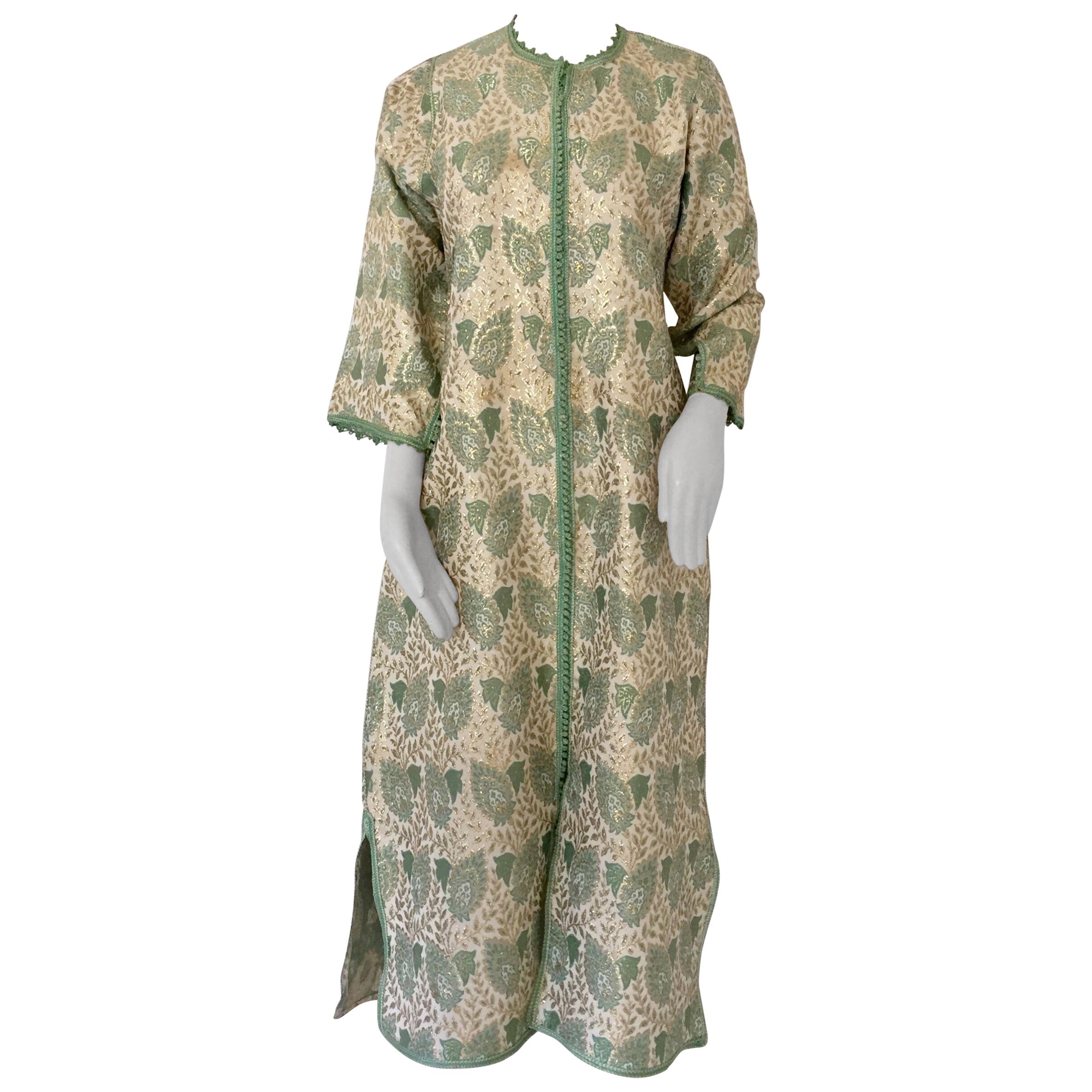 Elegant Moroccan Caftan Green and Silver and Gold Metallic Floral Brocade