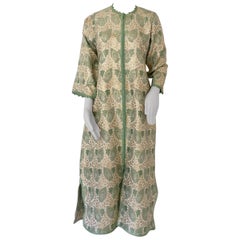 Vintage Elegant Moroccan Caftan Green and Silver and Gold Metallic Floral Brocade